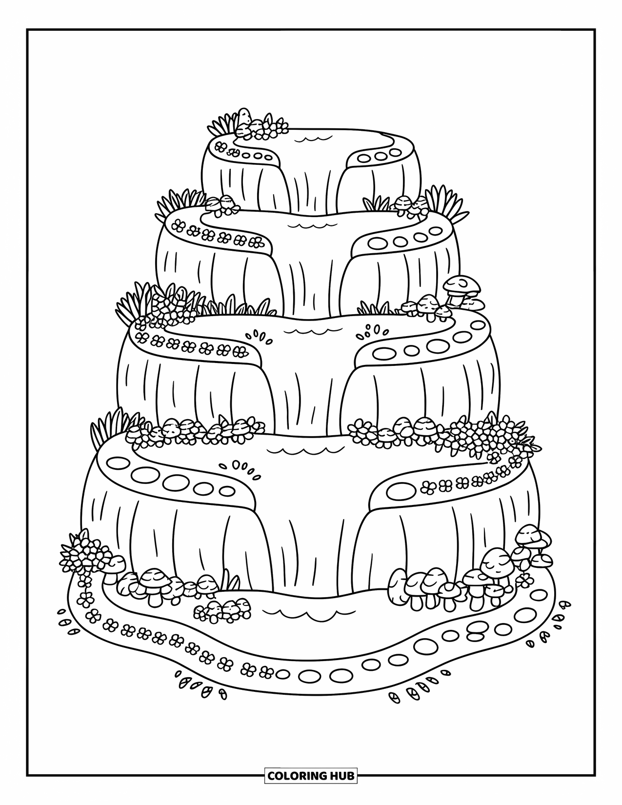 Waterfall Coloring Page for Adults: Water tumbles from flower-filled tiers into a pool with mushrooms and spiral vines