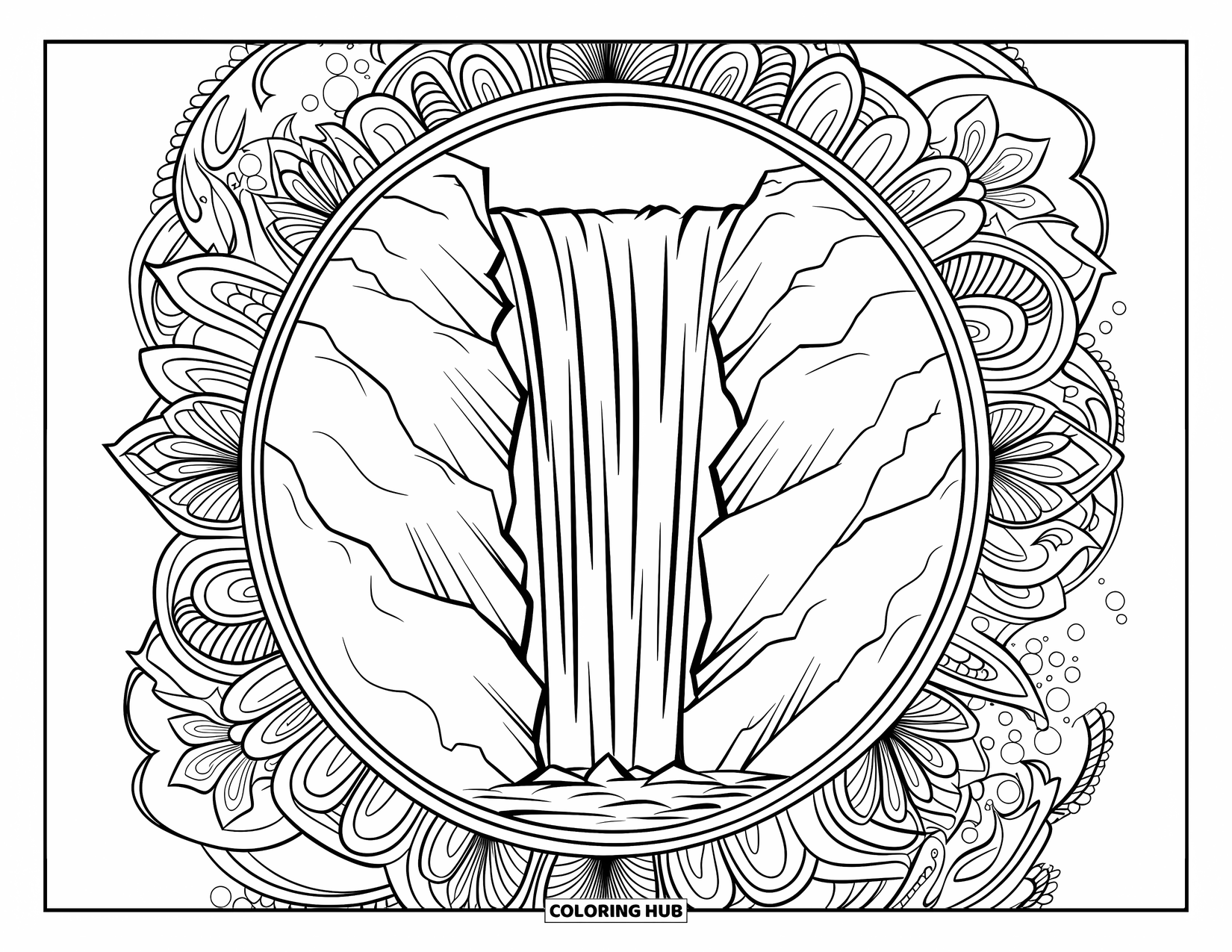 Waterfall Coloring Page for Adults: Waterfall flows through rocky cliffs framed by swirling floral mandala designs