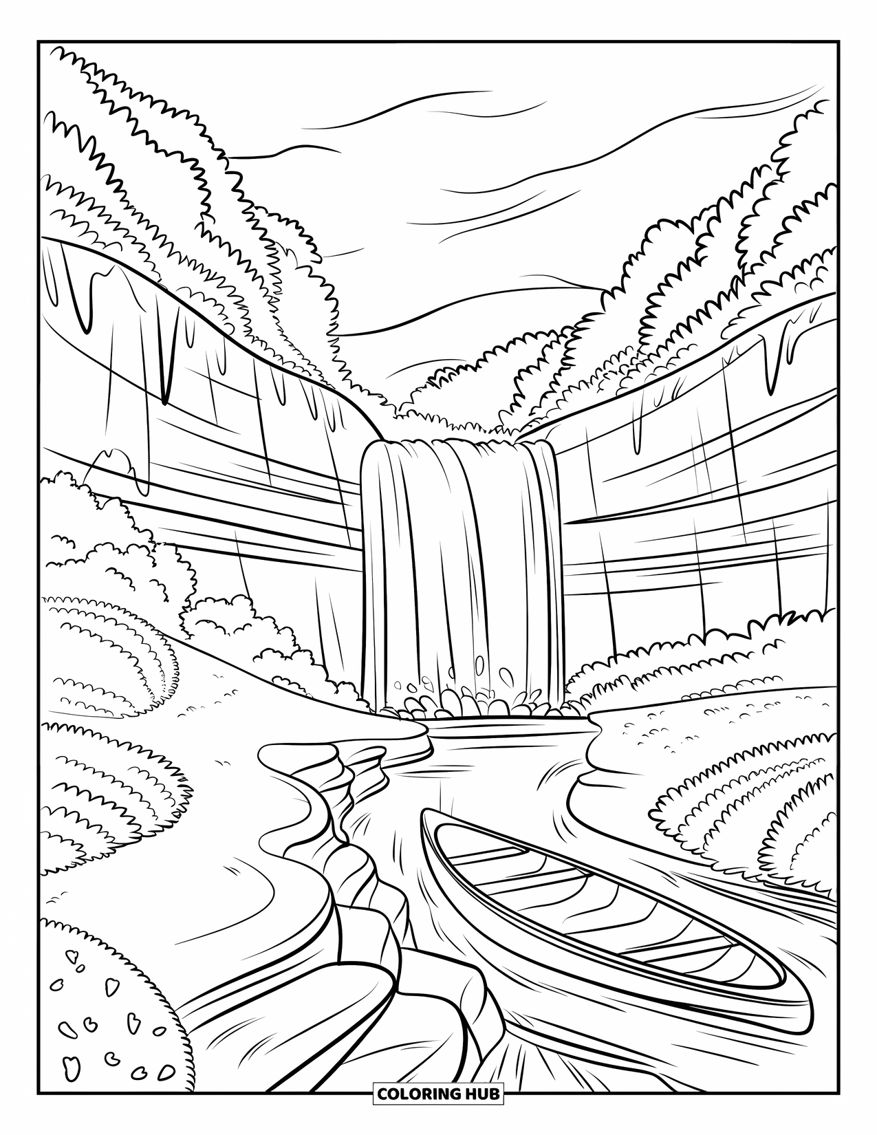 Waterfall Coloring Page for Kids: A canoe floats near a cliff as a waterfall spills into a rocky pool