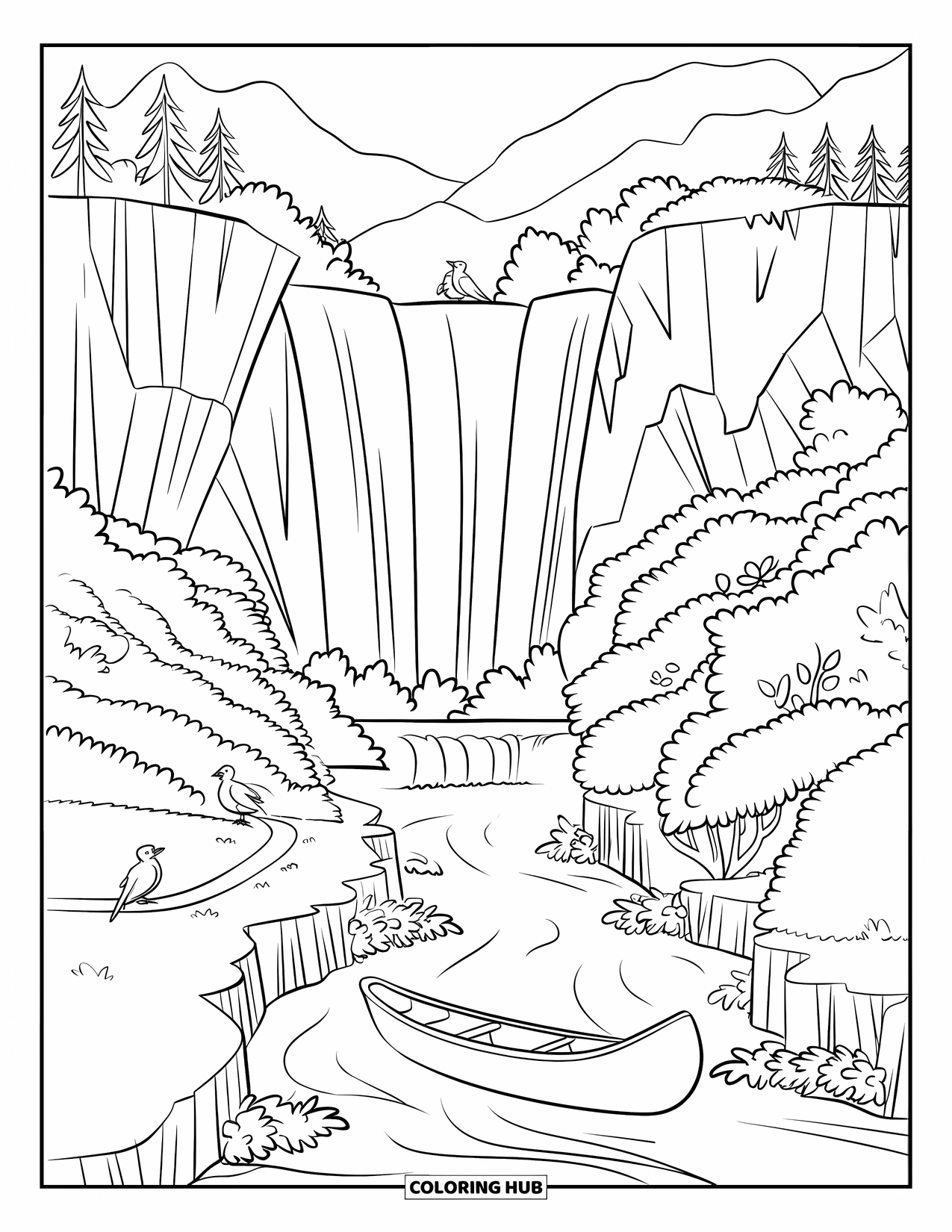 Waterfall Coloring Page for Kids: A canoe rests near a cliff waterfall surrounded by trees and winding paths