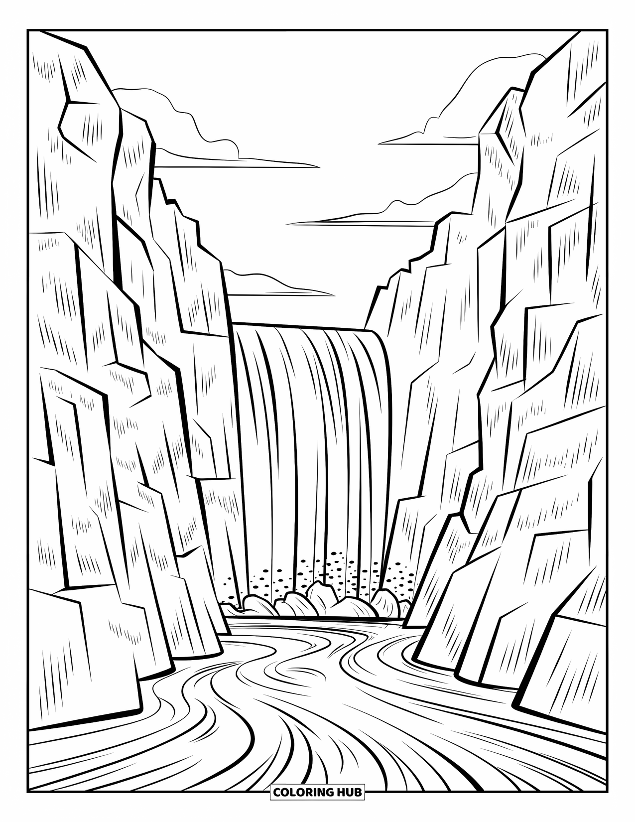 Waterfall Coloring Page for Kids: A canyon waterfall crashes into swirling water beneath towering rock walls