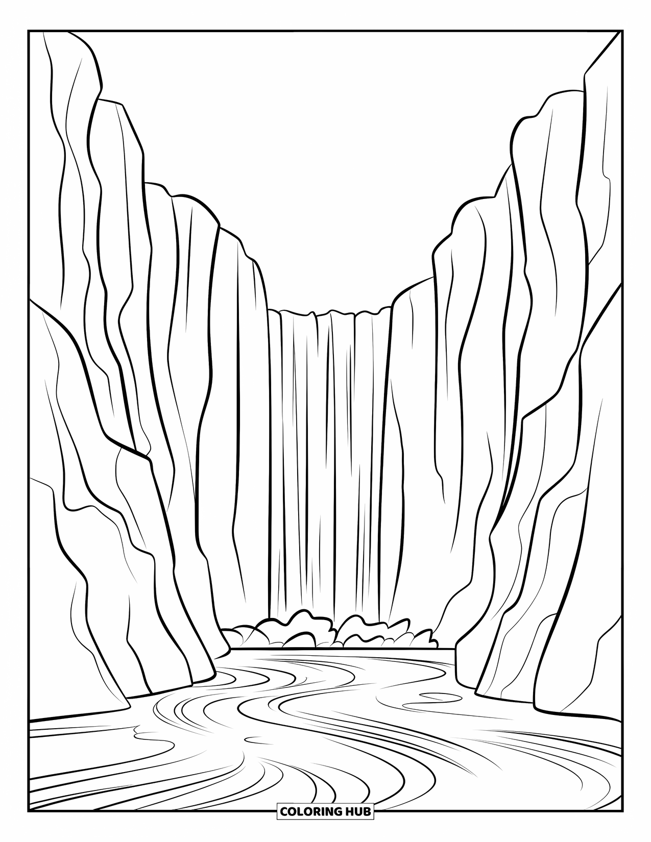 Waterfall Coloring Page for Kids: A canyon waterfall spills into swirling waters between tall, rocky cliffs