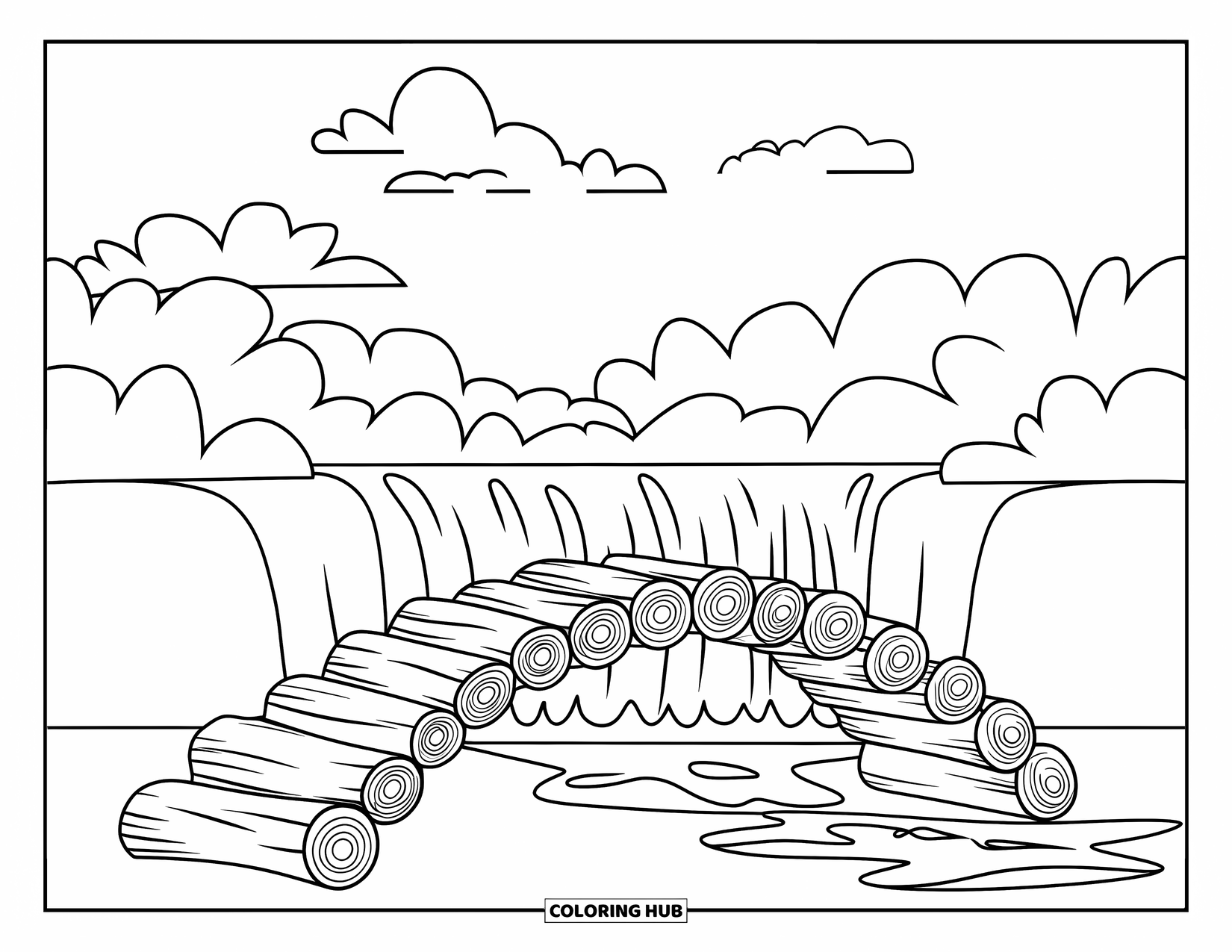 Waterfall Coloring Page for Kids: A chunky log bridge crosses a simple waterfall with clouds floating above