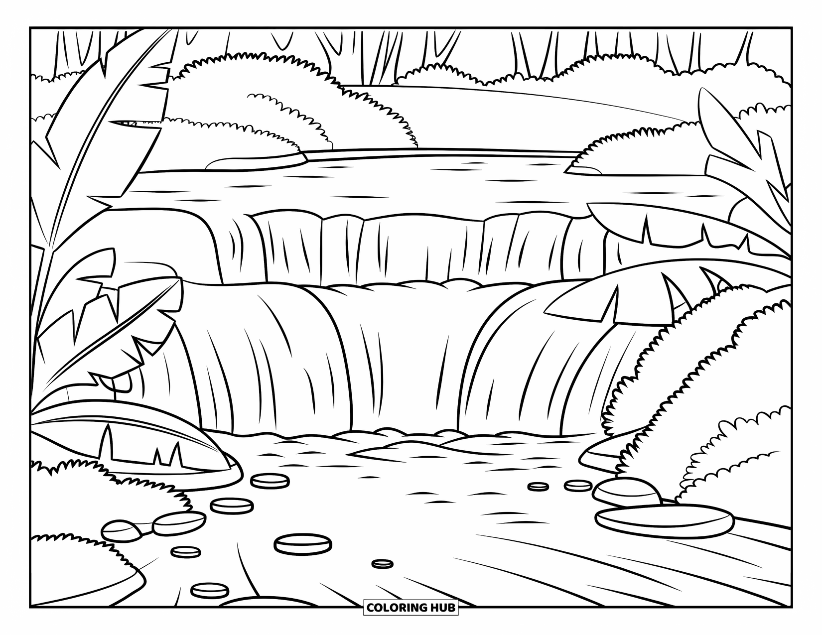 Waterfall Coloring Page for Kids: A curved waterfall flows into a rocky stream with tropical leaves all around