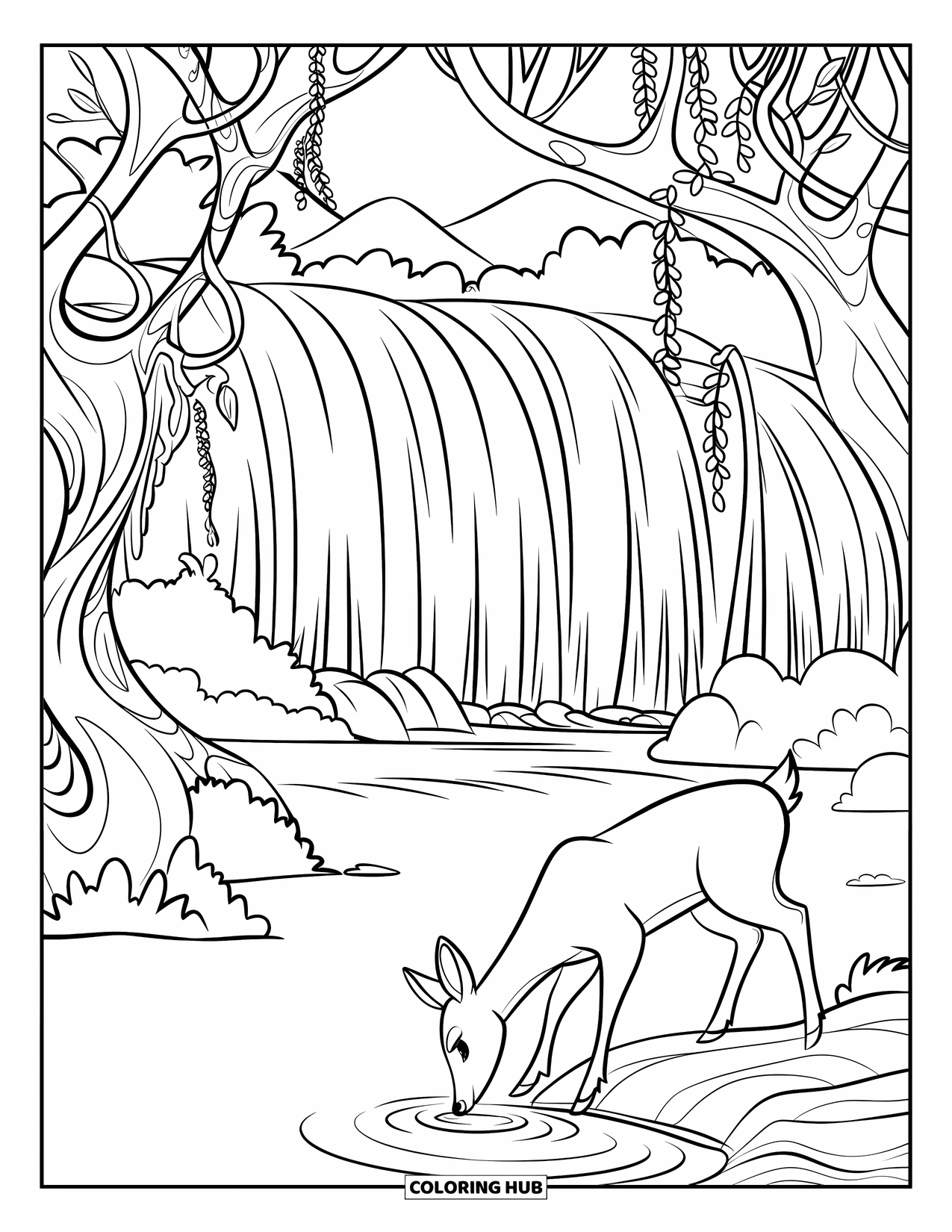 Waterfall Coloring Page for Kids: A deer sips water near a forest waterfall with curvy trees and hanging vines