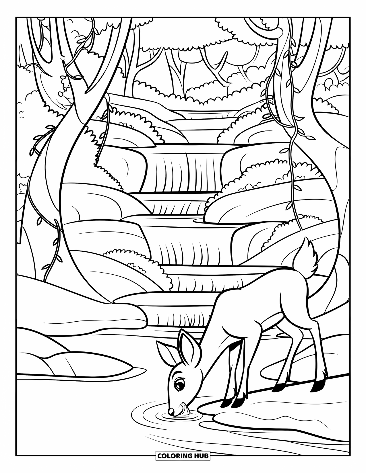 Waterfall Coloring Page for Kids: A deer stands by a forest waterfall with curved trees, vines, and rocks all around
