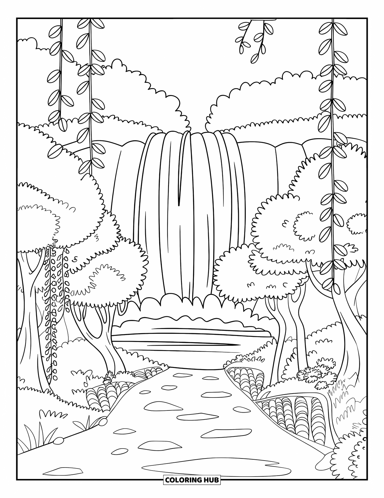 Waterfall Coloring Page for Kids: A forest path winds through trees and vines to a tall, dreamy waterfall