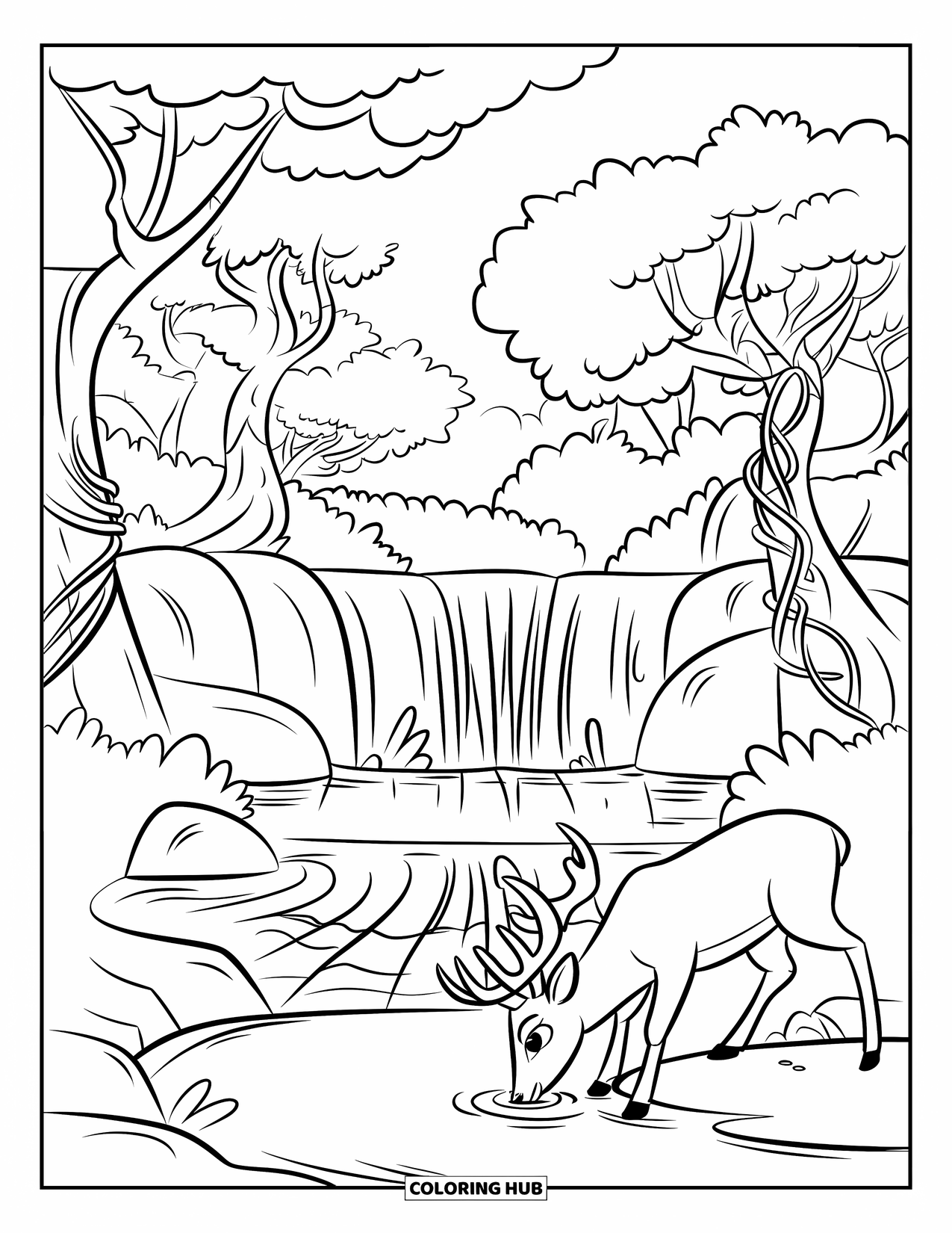 Waterfall Coloring Page for Kids: A gentle deer drinks by a rocky waterfall surrounded by twisty trees and big leaves