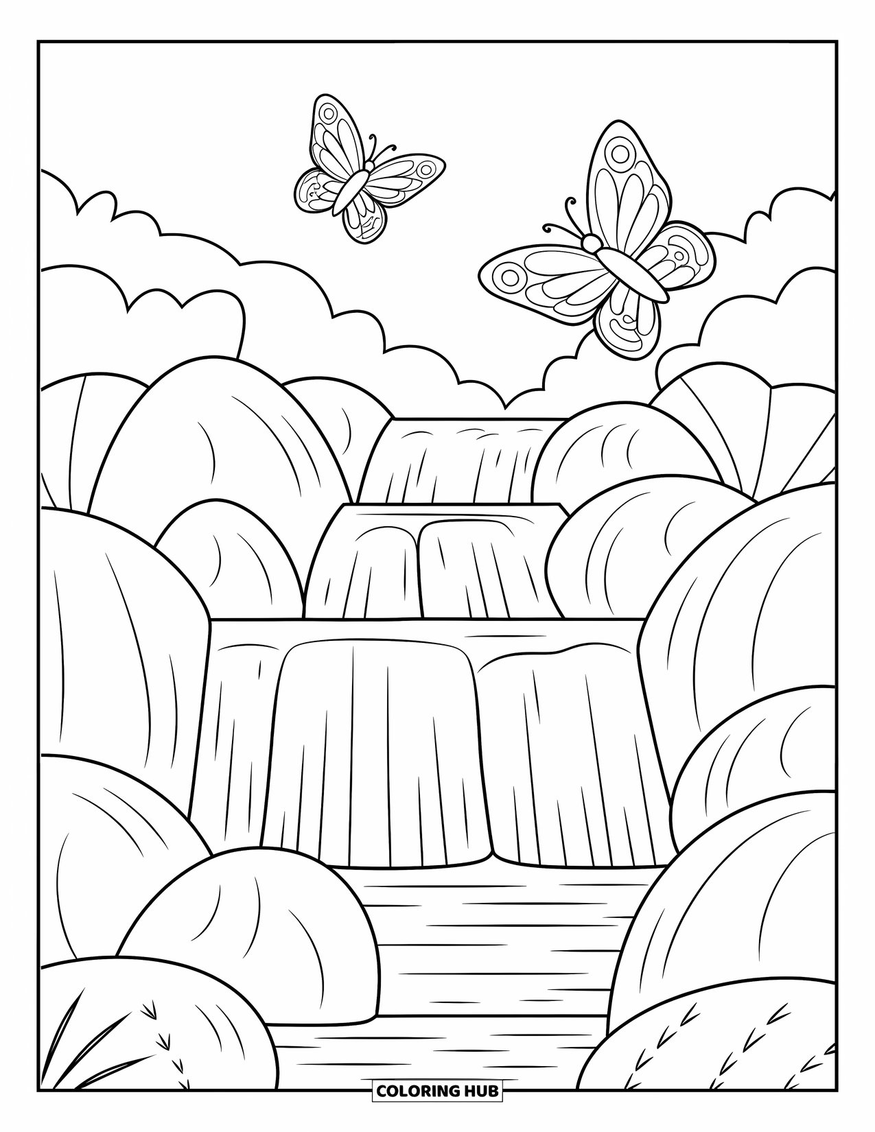 Waterfall Coloring Page for Kids: A gentle waterfall spills over rocks with butterflies floating above
