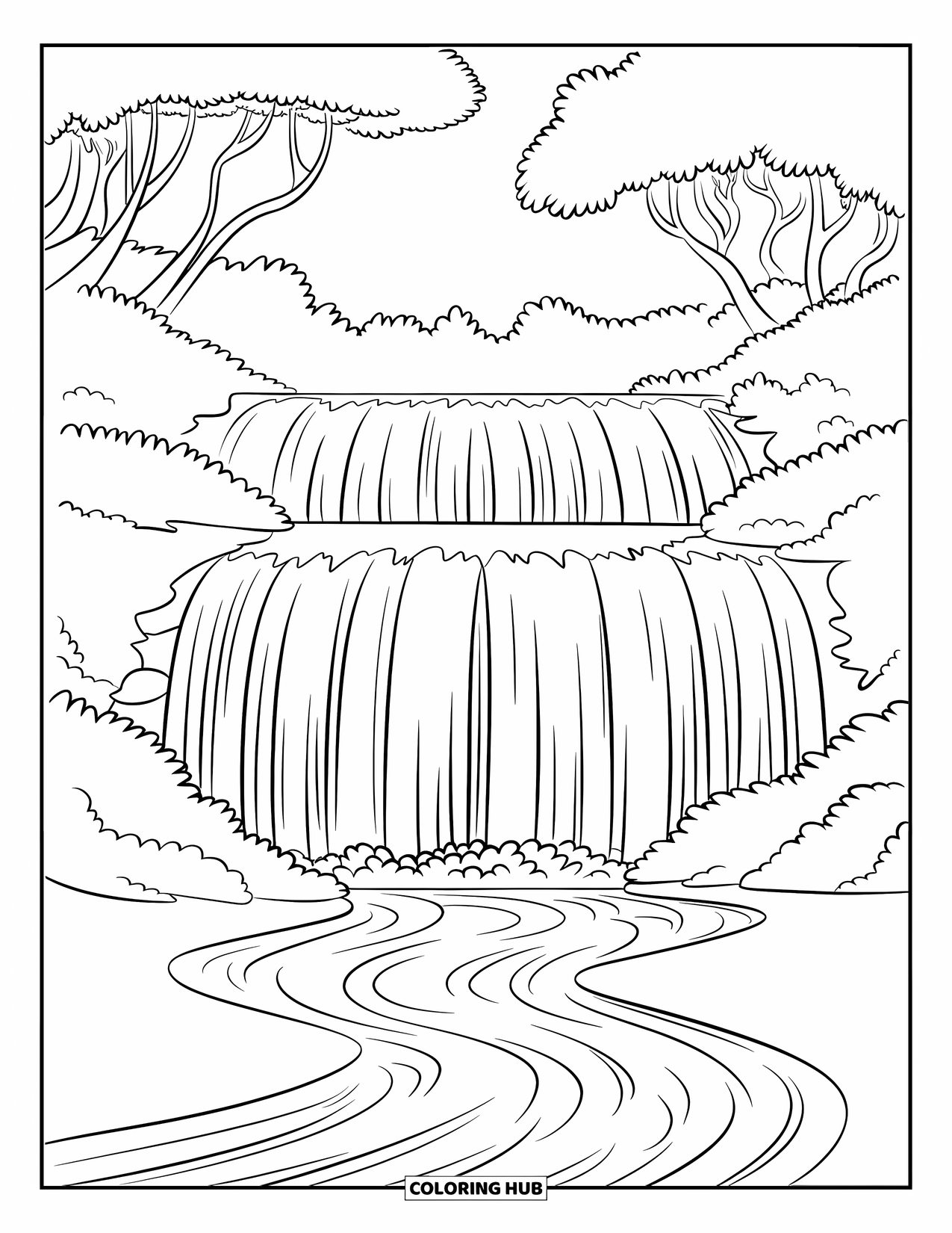Waterfall Coloring Page for Kids: A multi-level waterfall crashes into a winding river with trees above the flow