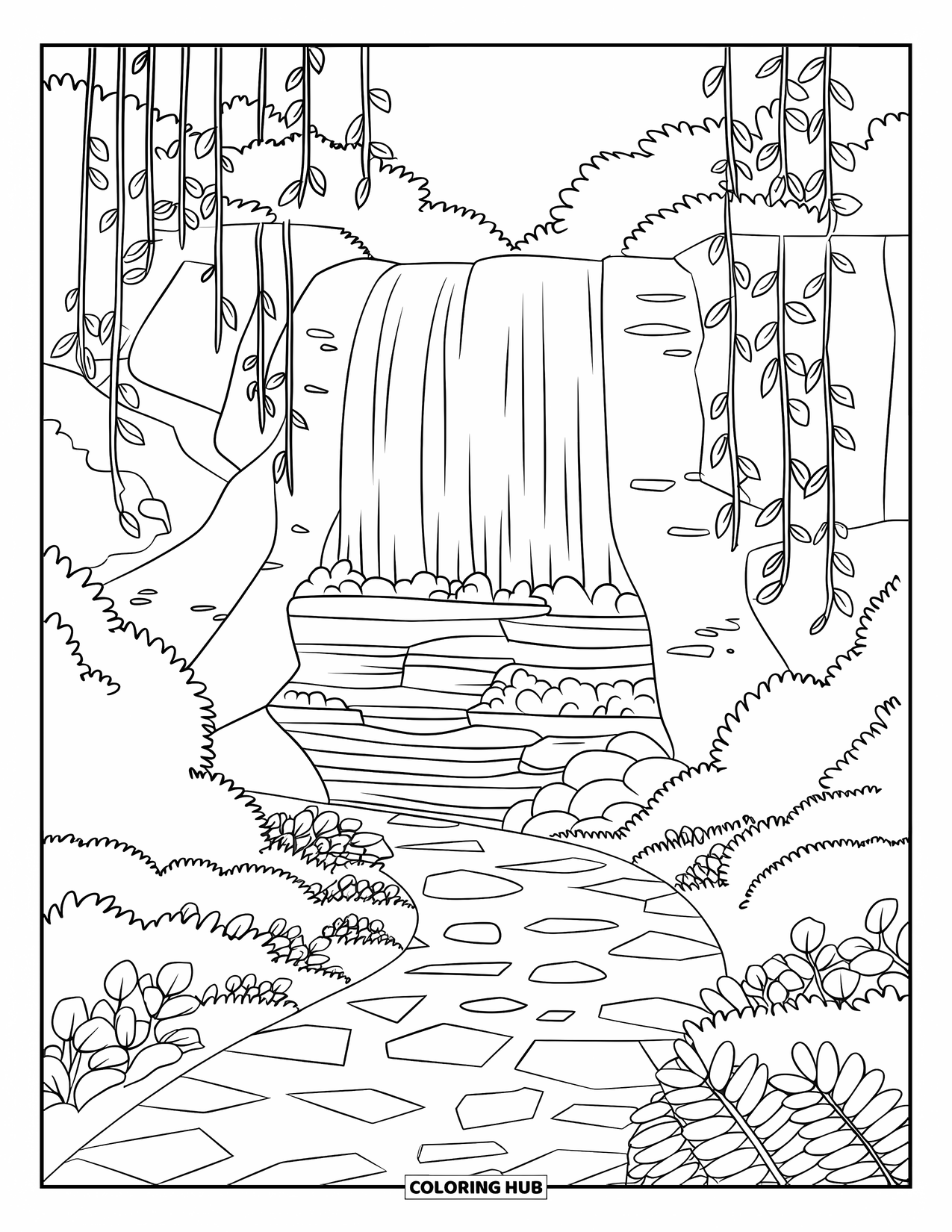 Waterfall Coloring Page for Kids: A path through the forest ends at a grand waterfall with hanging vines