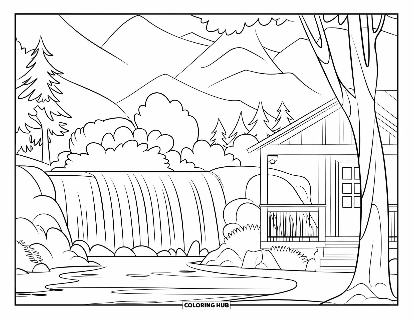 Waterfall Coloring Page for Kids: A peaceful waterfall flows beside a cozy cabin surrounded by trees and mountains