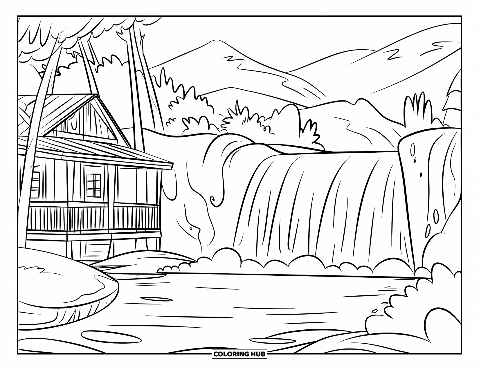 Waterfall Coloring Page for Kids: A quiet cabin sits near a gentle waterfall with trees and mist all around