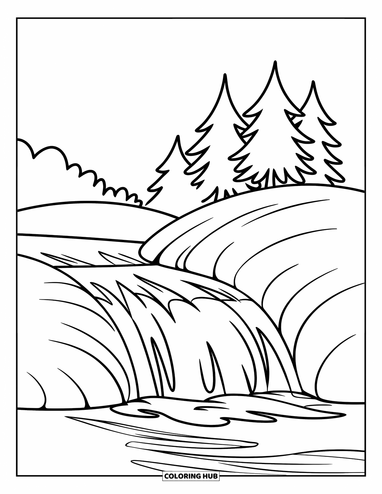 Waterfall Coloring Page for Kids: A short waterfall flows beside pine trees on a soft, grassy hill