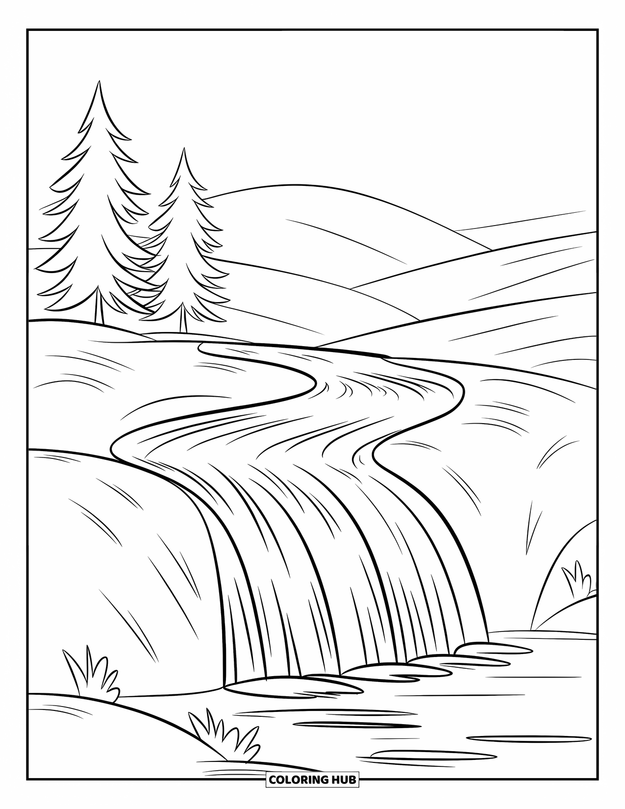 Waterfall Coloring Page for Kids: A short waterfall tumbles over a soft hill beside a few pine trees