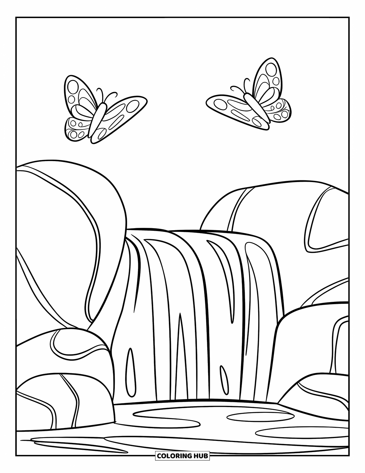 Waterfall Coloring Page for Kids: A simple waterfall flows over big boulders with two butterflies flying above