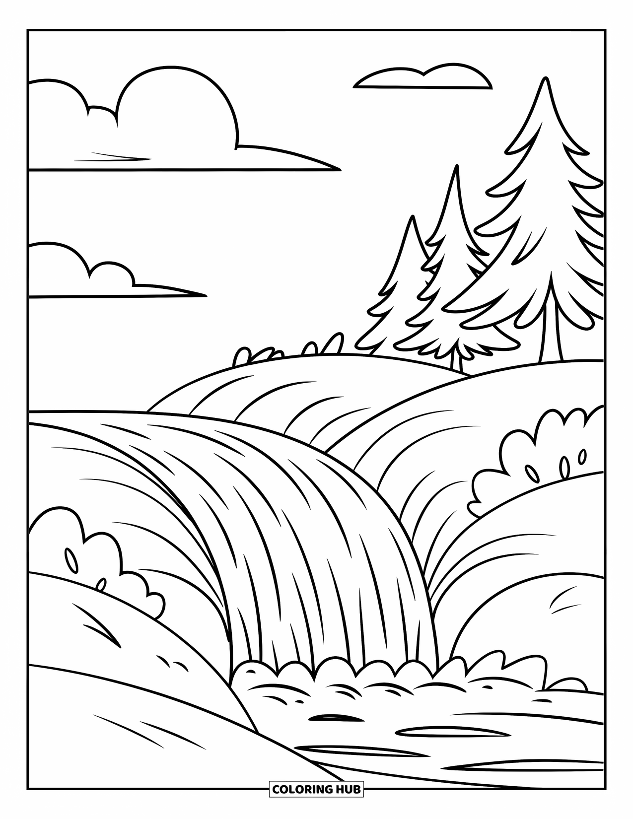 Waterfall Coloring Page for Kids: A small waterfall flows down a hill near a couple of tall pine trees