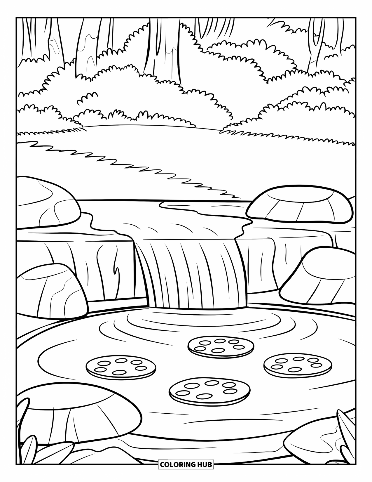Waterfall Coloring Page for Kids: A small waterfall flows into a round pond with rocks and lily pads