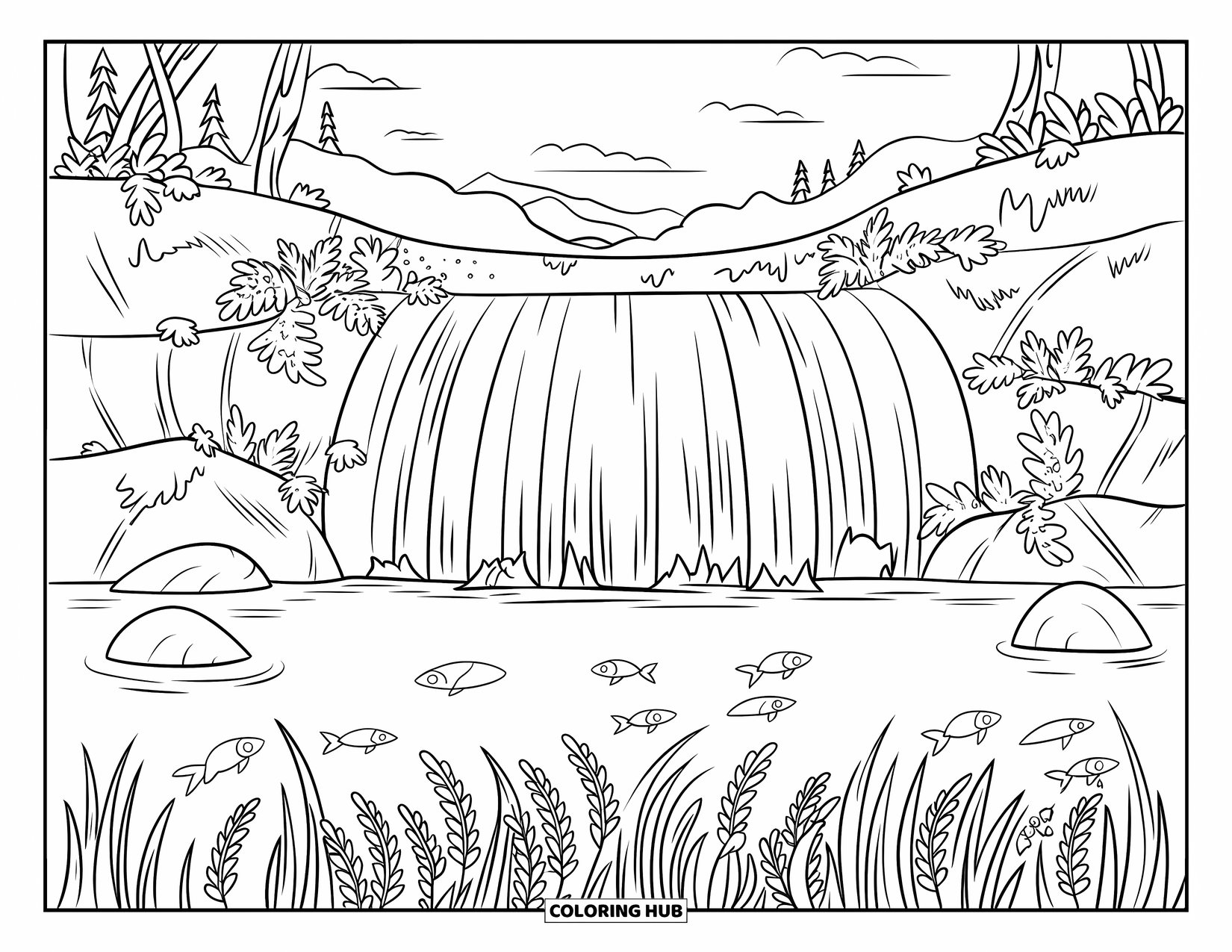 Waterfall Coloring Page for Kids: A smooth waterfall flows into a rocky pool filled with fish and greenery
