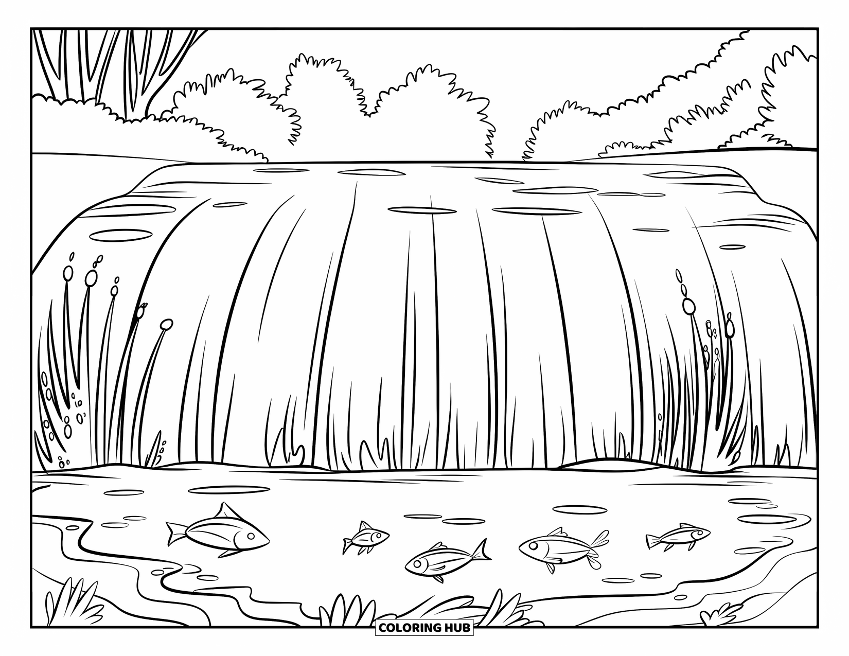Waterfall Coloring Page for Kids: A sparkling waterfall flows into a pool filled with fish and swaying grasses