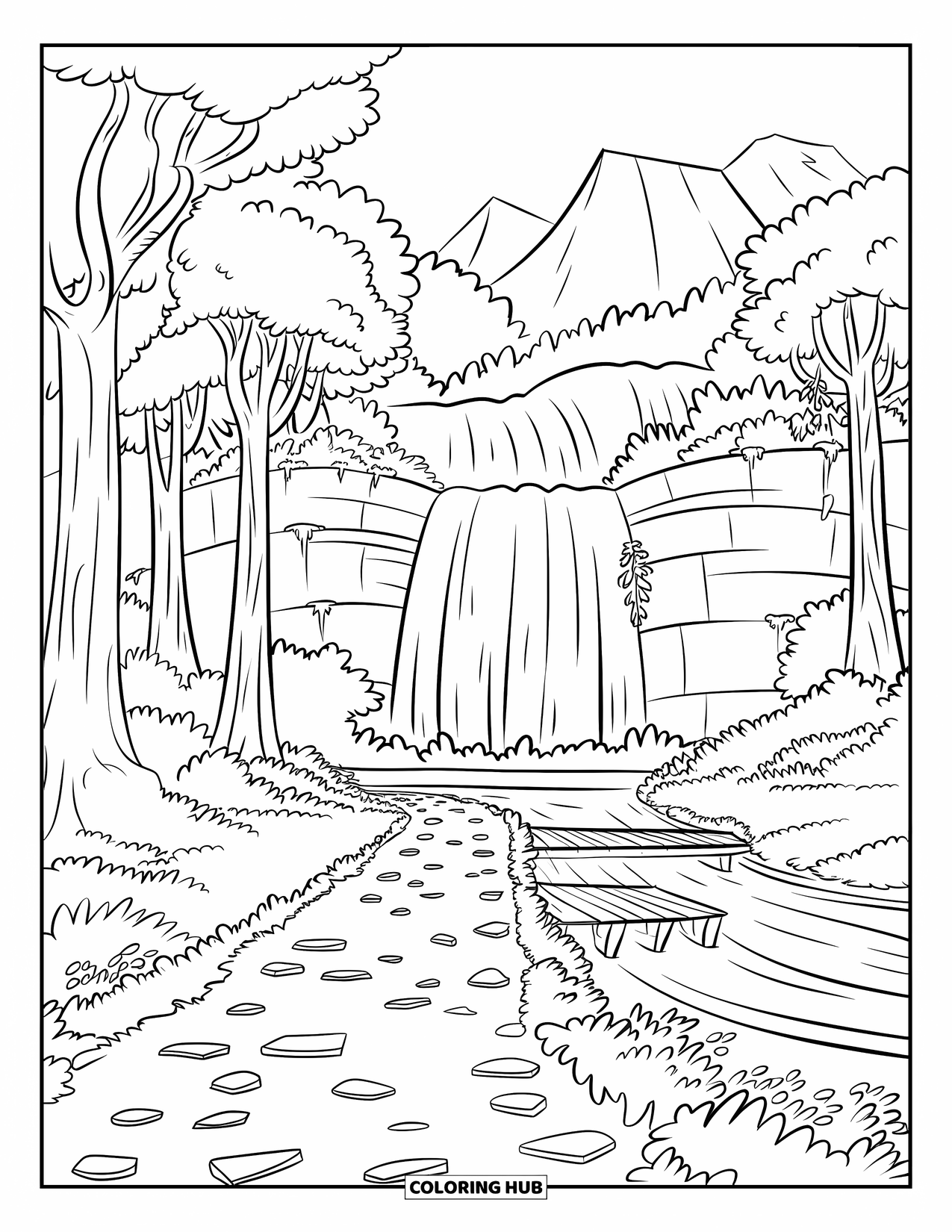 Waterfall Coloring Page for Kids: A tall waterfall shines at the end of a forest trail and wooden bridge