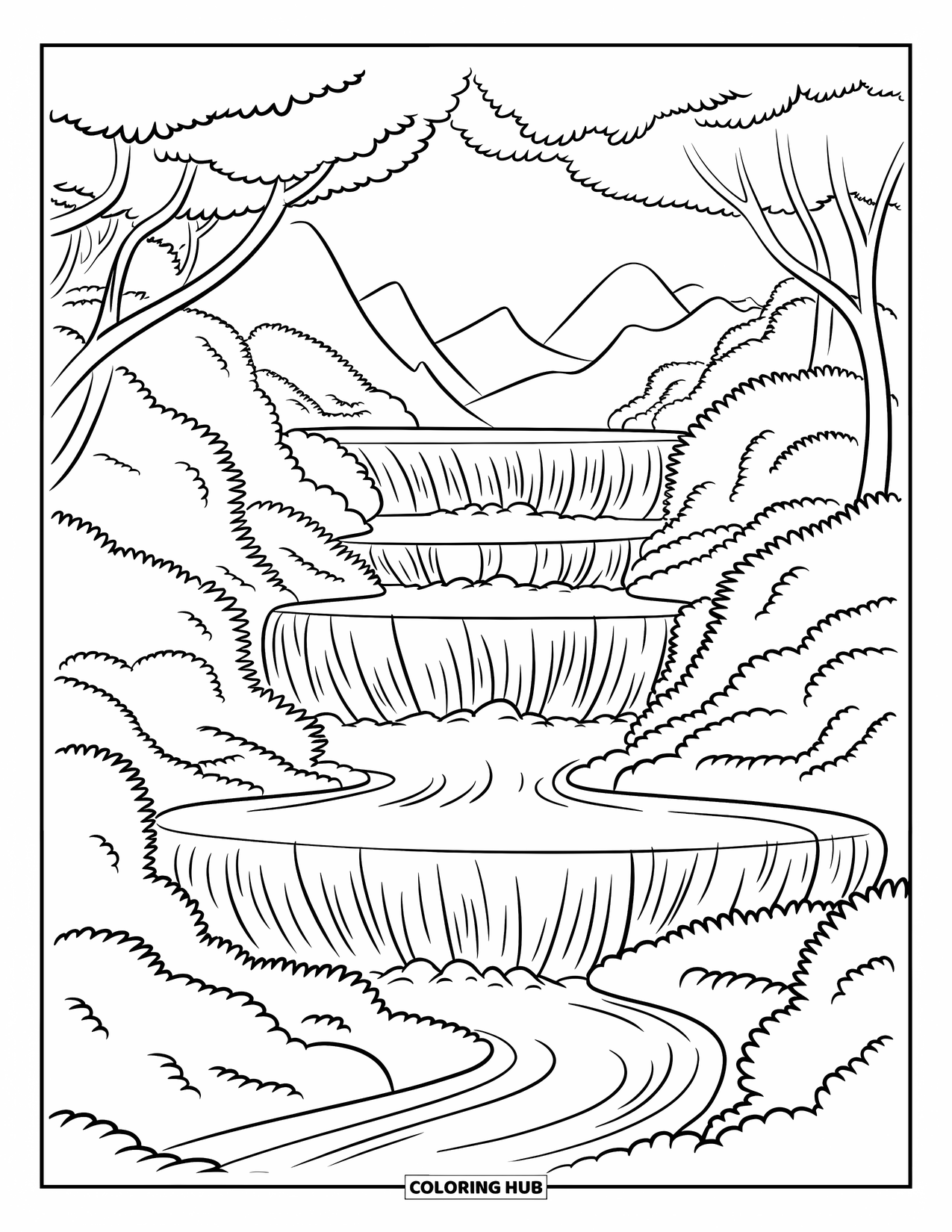 Waterfall Coloring Page for Kids: A tall waterfall spills into a river flowing through a lush, peaceful forest