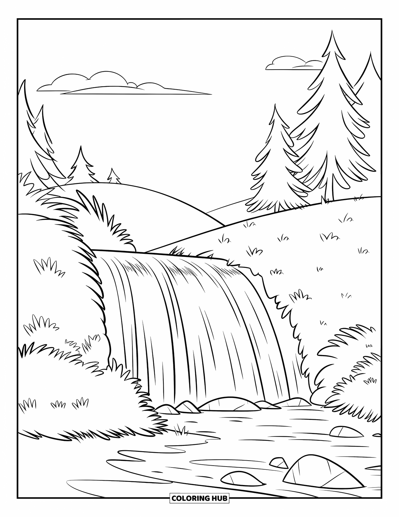 Waterfall Coloring Page for Kids: A waterfall with tiers flows gently down a hill with pine trees and rocks
