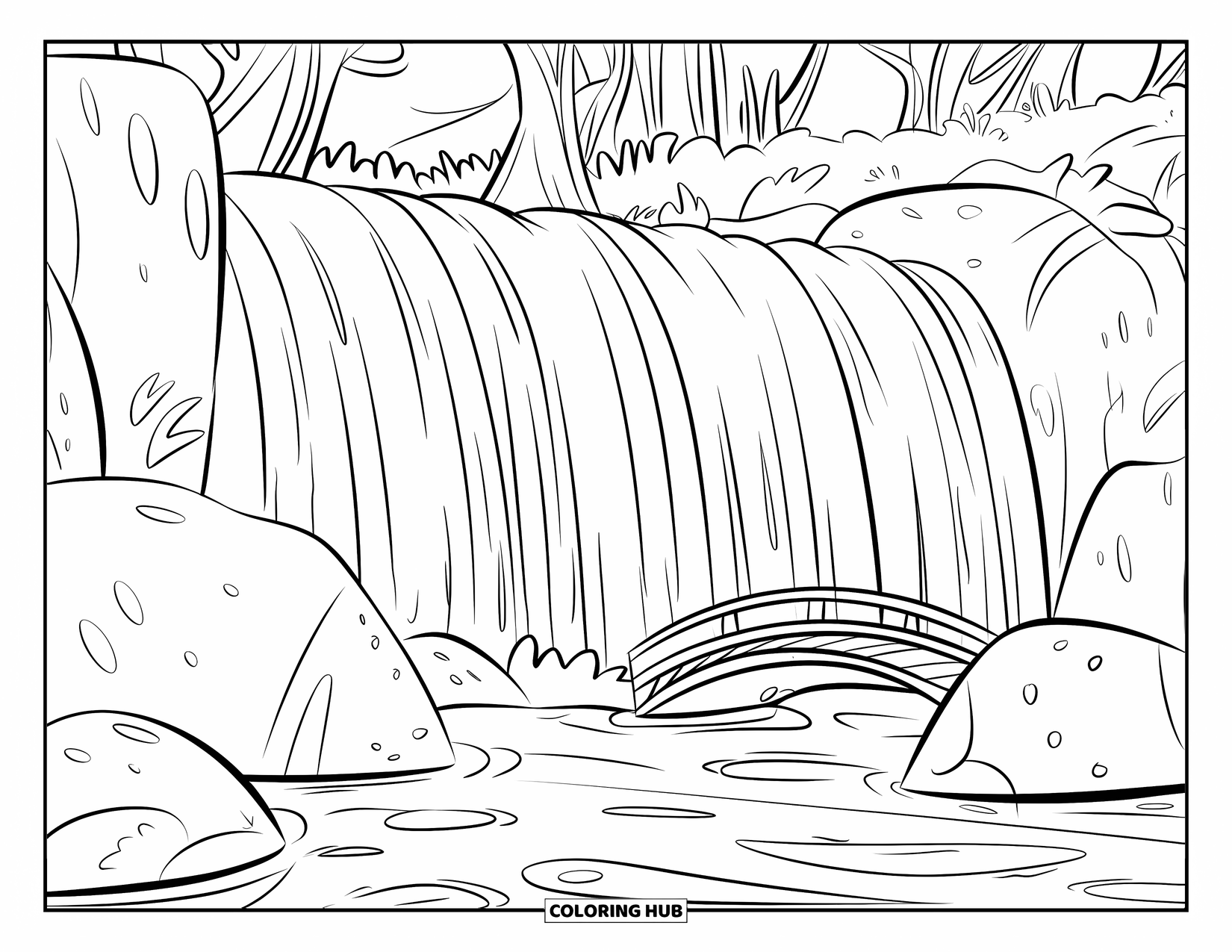 Waterfall Coloring Page for Kids: A wooden bridge sits near a misty waterfall tucked in a calm forest