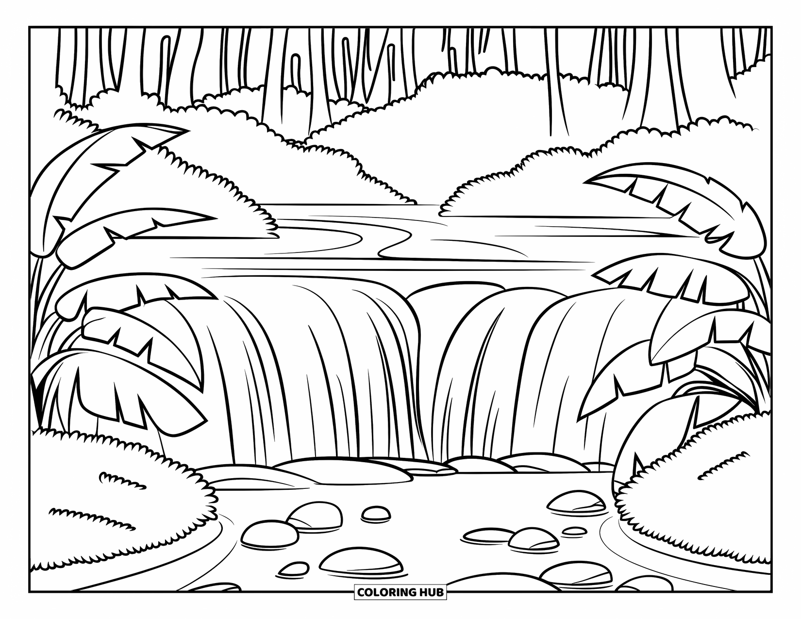 Waterfall Coloring Page for Kids: Banana leaves and stones surround a tropical waterfall and small flowing stream