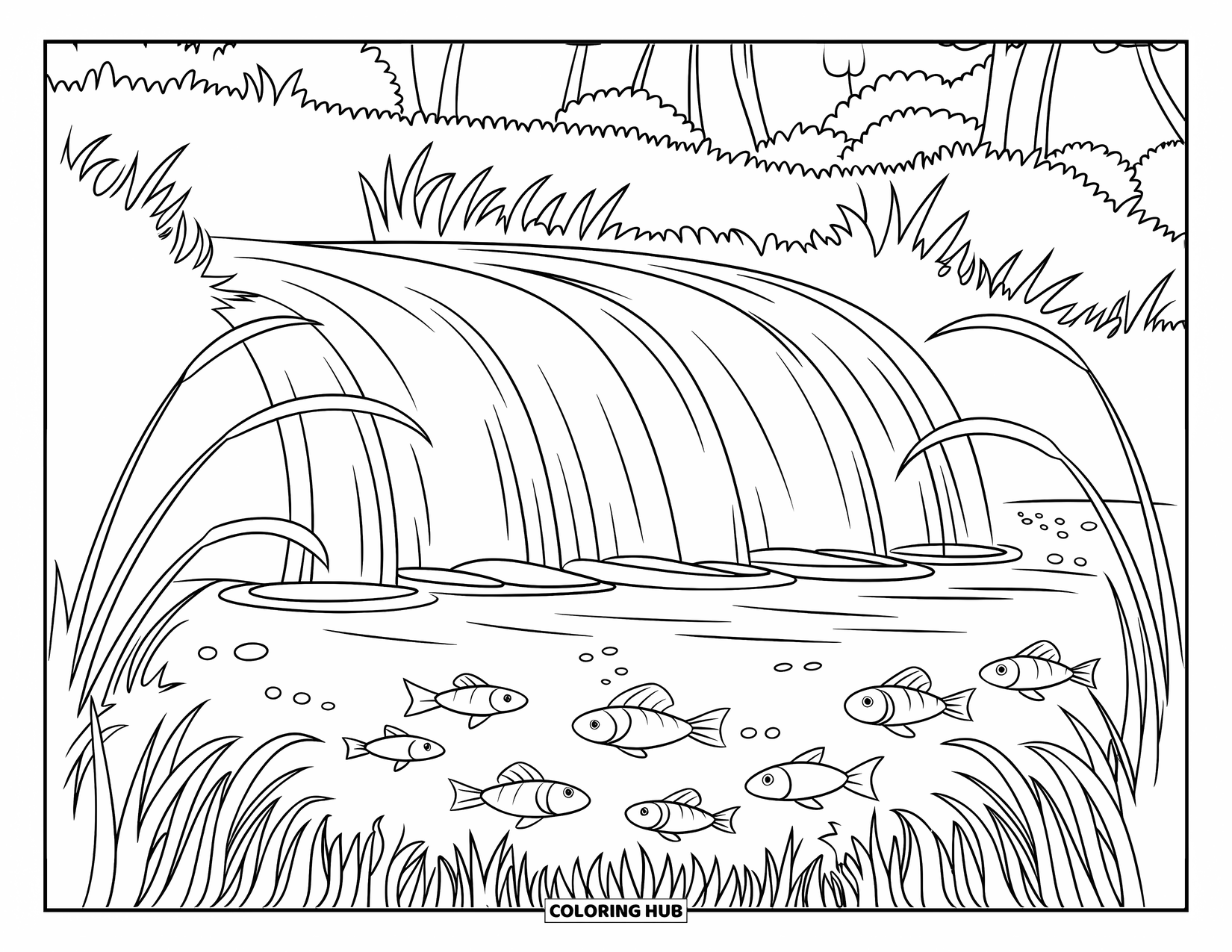 Waterfall Coloring Page for Kids: Fish-filled waters sparkle below a soft waterfall surrounded by gentle grasses and trees