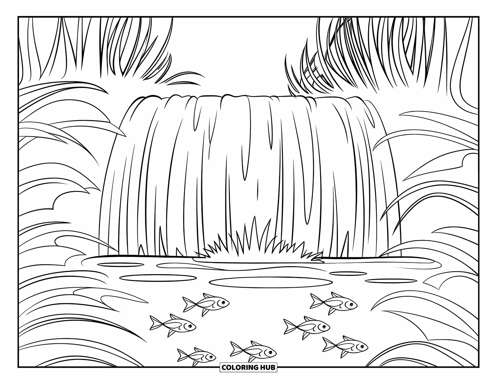 Waterfall Coloring Page for Kids: Fish swim in a peaceful pool below a sparkling waterfall and tall grasses