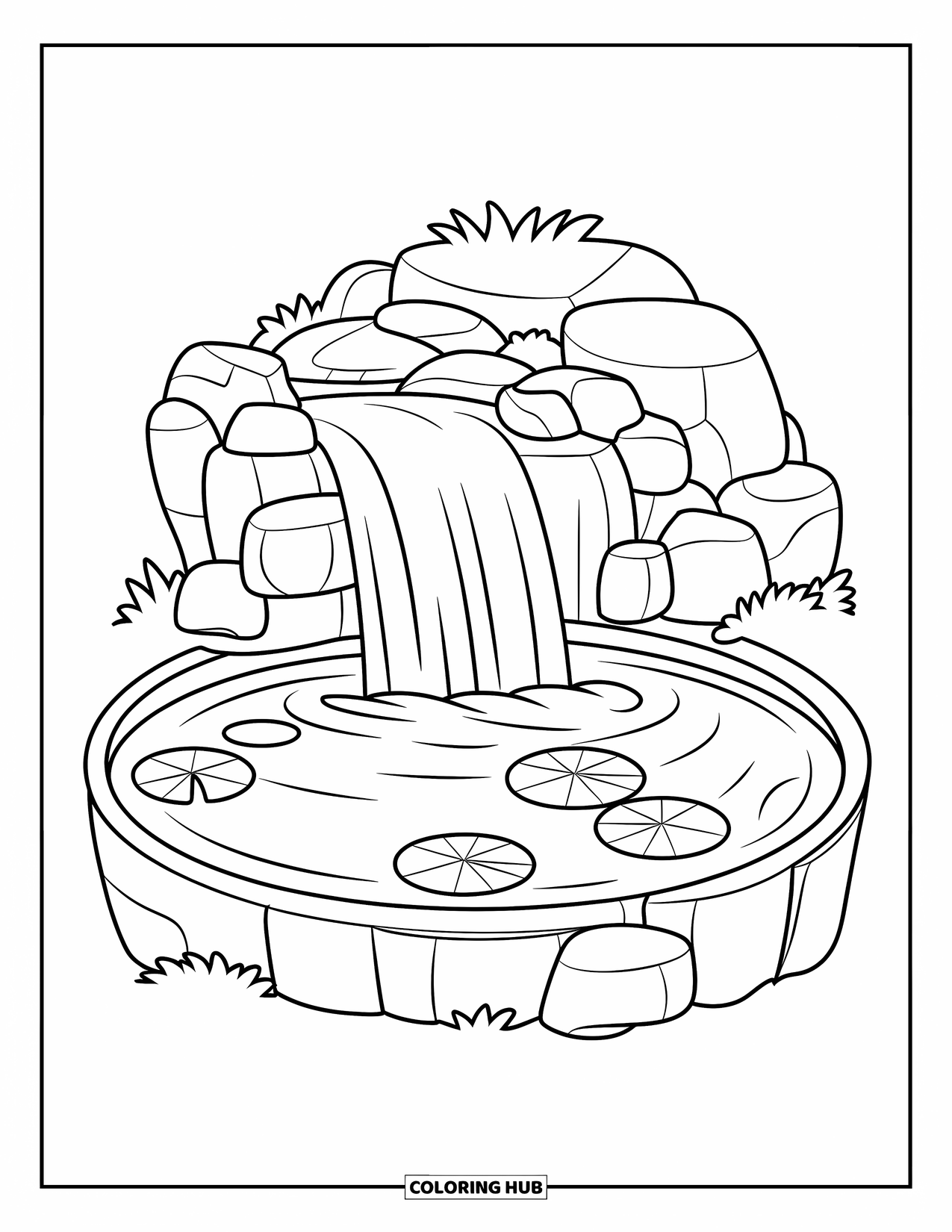 Waterfall Coloring Page for Kids: Lily pads float in a round pond beneath a small, peaceful waterfall