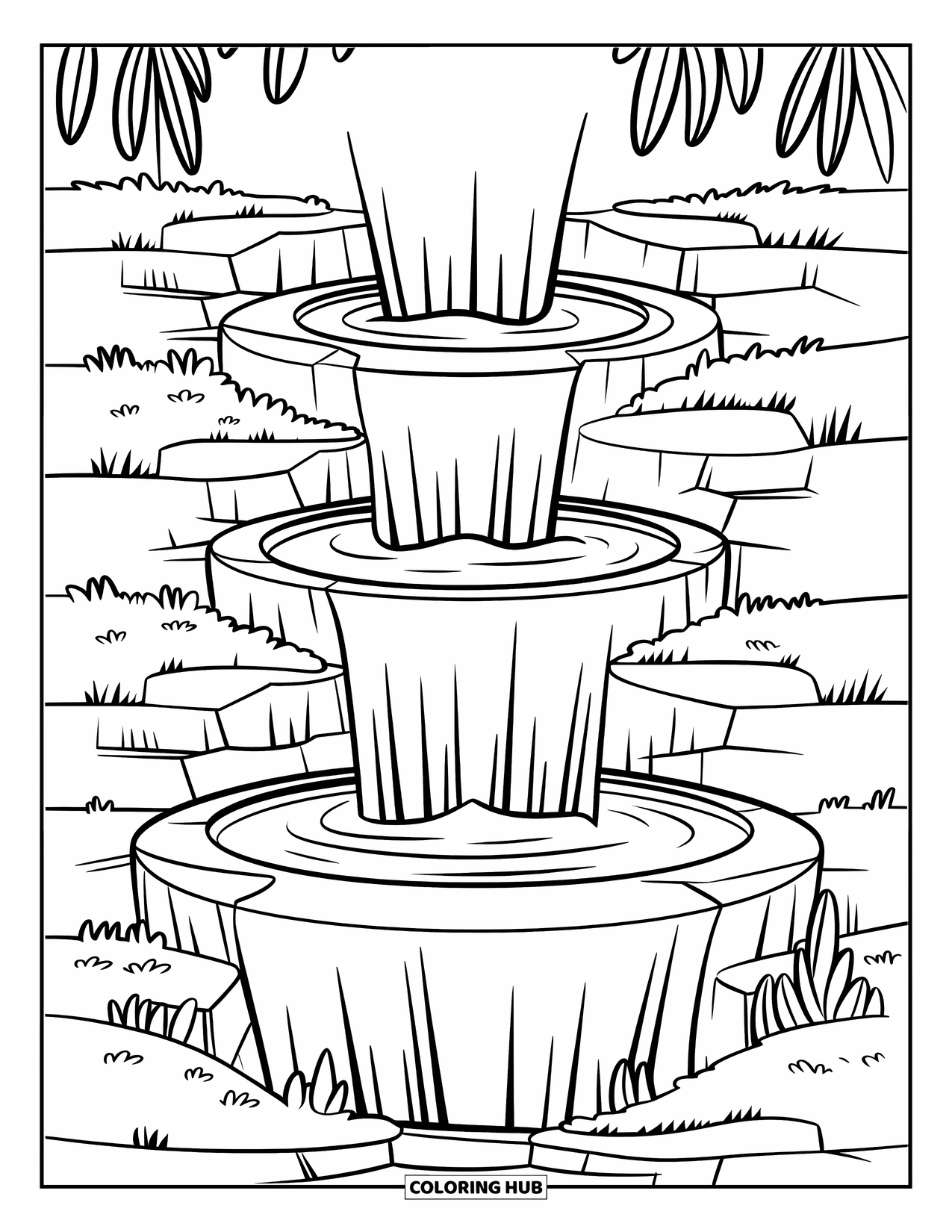 Waterfall Coloring Page for Kids: Stone bowl shapes catch the flow from a gentle, three-step waterfall
