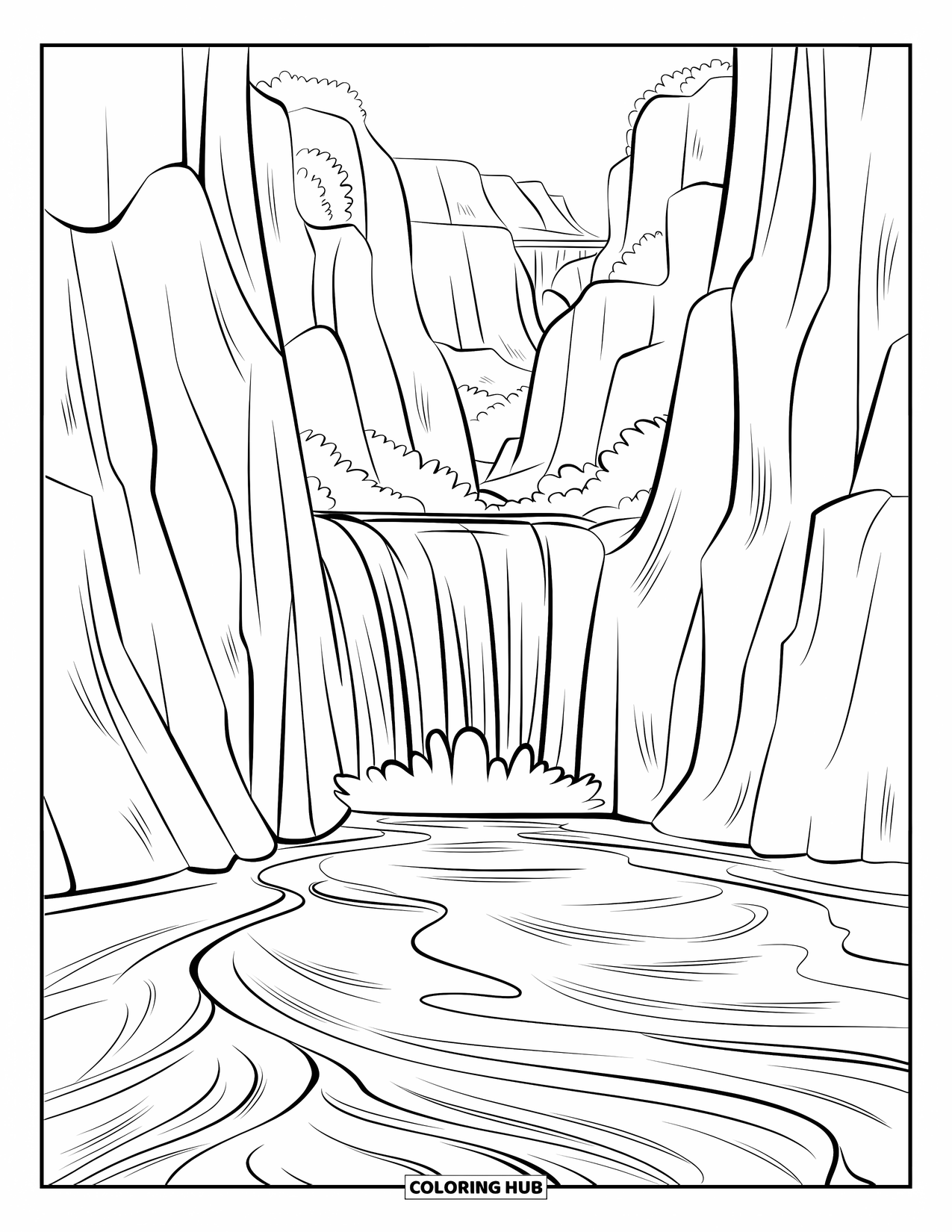 Waterfall Coloring Page for Kids: Tall cliffs frame a canyon waterfall with a clear, calm pool below
