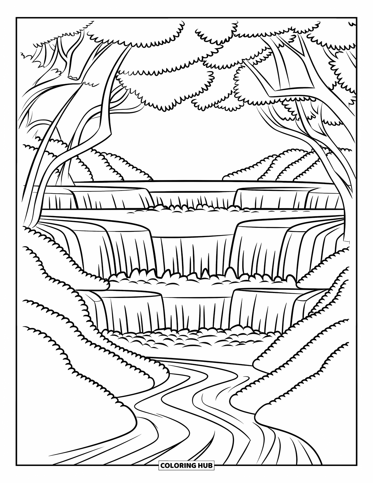 Waterfall Coloring Page for Kids: Trees arch above a big waterfall that pours into a curvy forest river