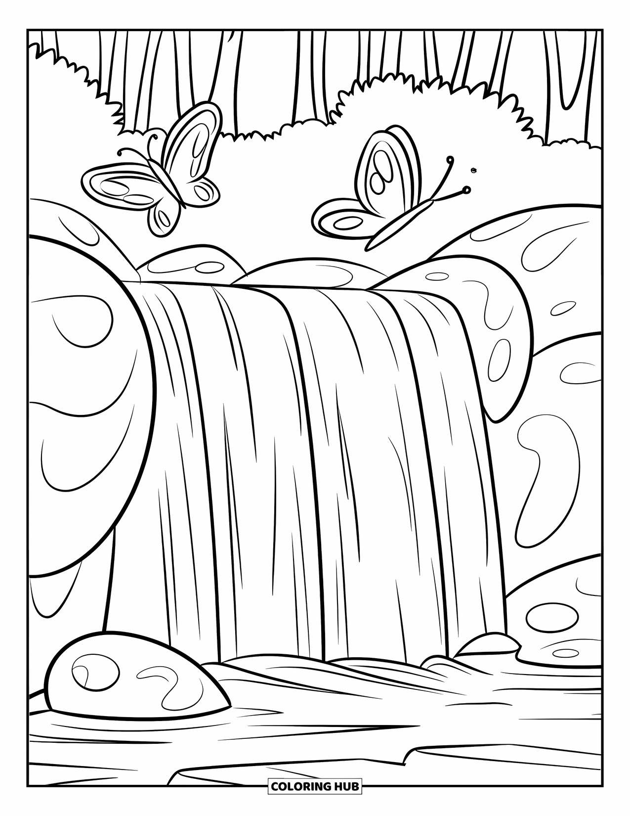 Waterfall Coloring Page for Kids: Two butterflies flutter above a wide waterfall with big round rocks