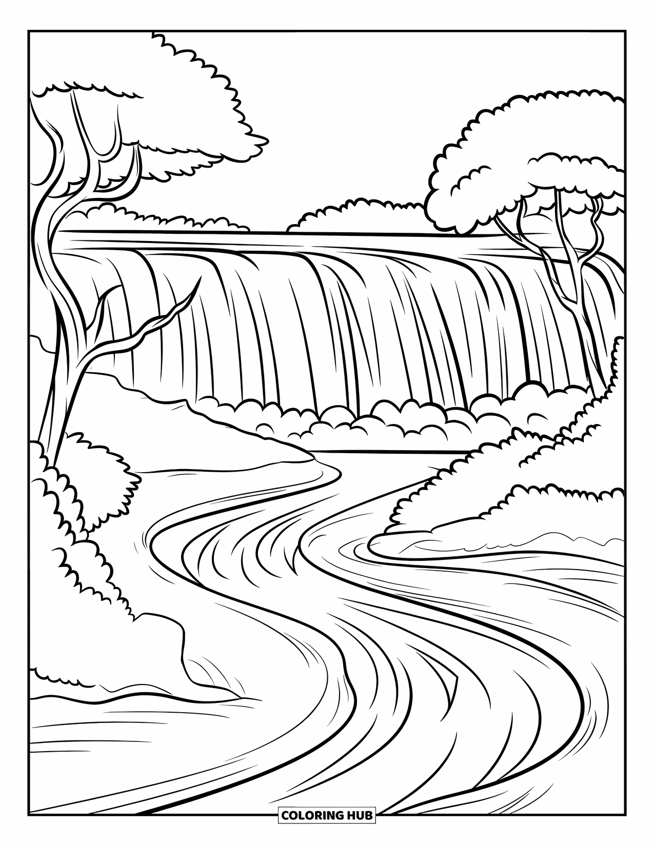 Waterfall Coloring Page for Kids: Water cascades down levels into a river surrounded by forest and arching trees