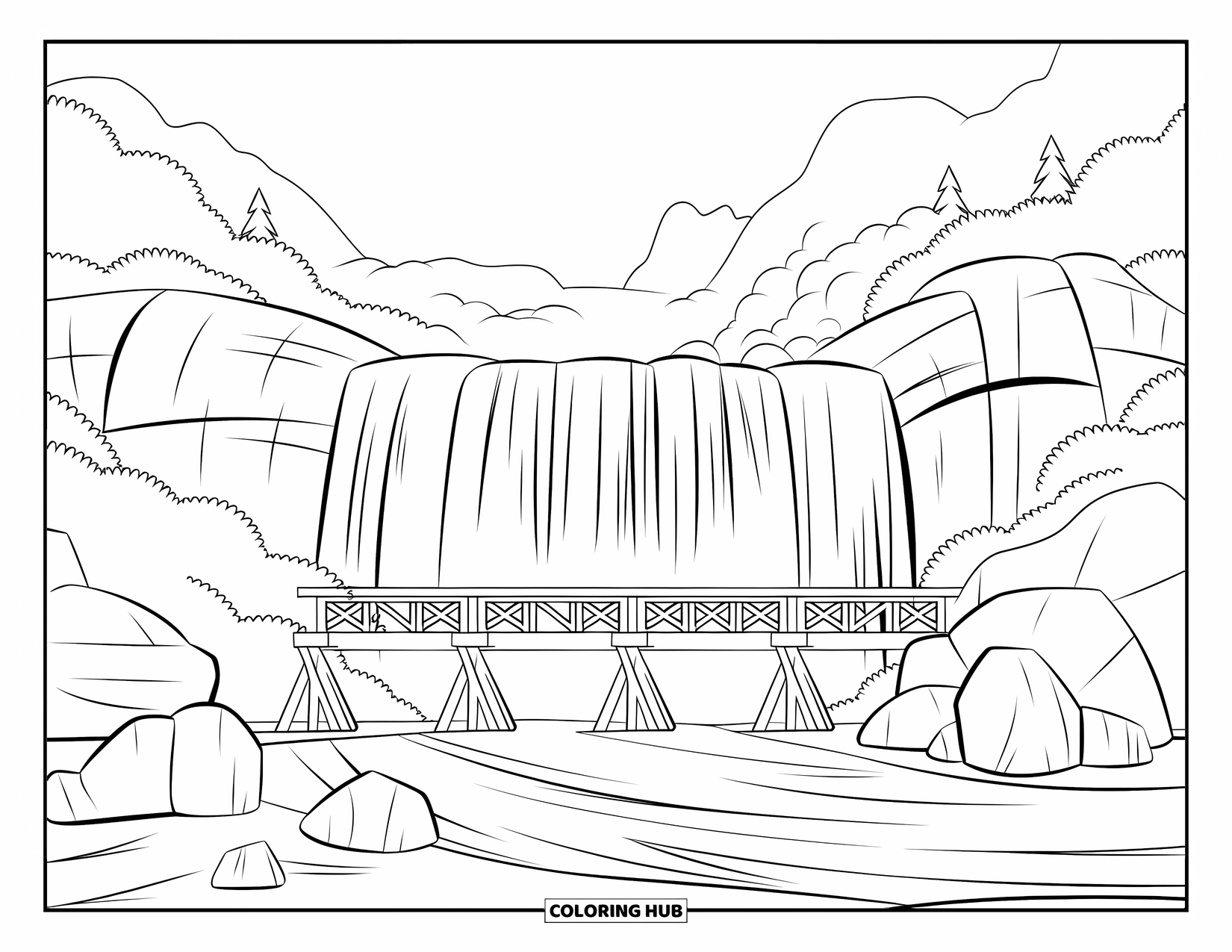 Waterfall Coloring Page for Kids: Water flows over boulders beneath a bridge in a misty, peaceful forest