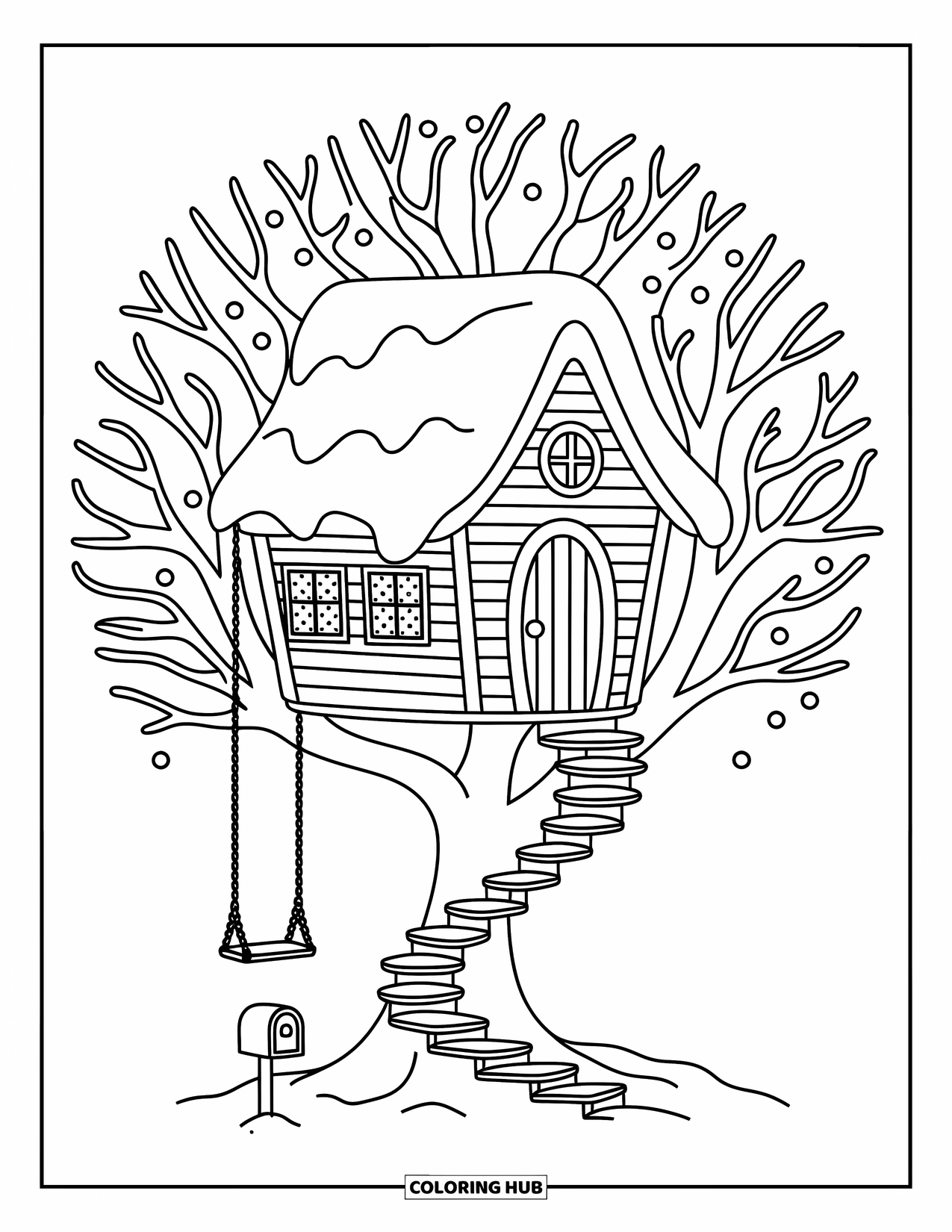 Winter Wonderland Coloring Page for Adults: A cozy treehouse with a swing and tiny mailbox perches in a snowy tree