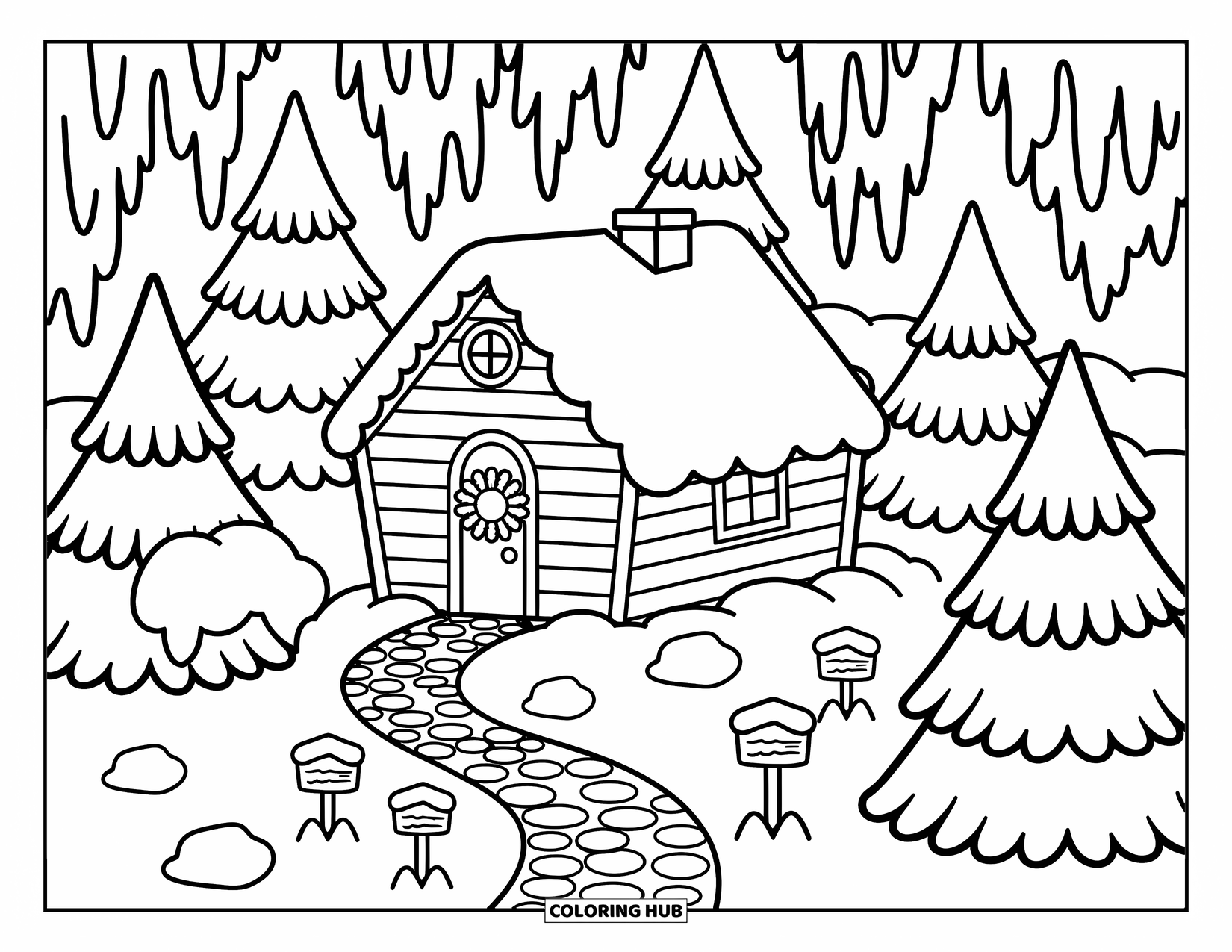 Winter Wonderland Coloring Page for Adults: A cute cabin with a wreath sits among snowy trees and playful woodland details