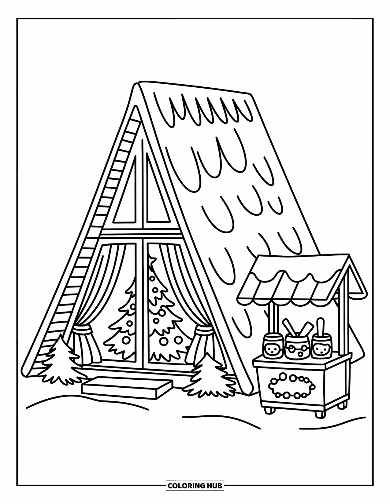 Winter Wonderland Coloring Page for Adults: A-frame cabin with glowing windows and cocoa stand rests on a snowy hill