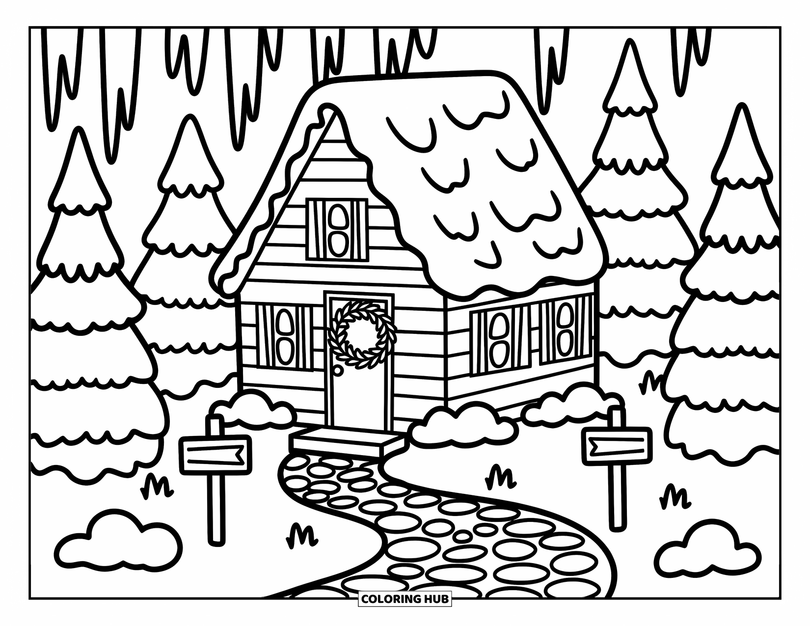 Winter Wonderland Coloring Page for Adults: A snow-covered forest cabin welcomes visitors with signs, a wreath, and gentle icicles