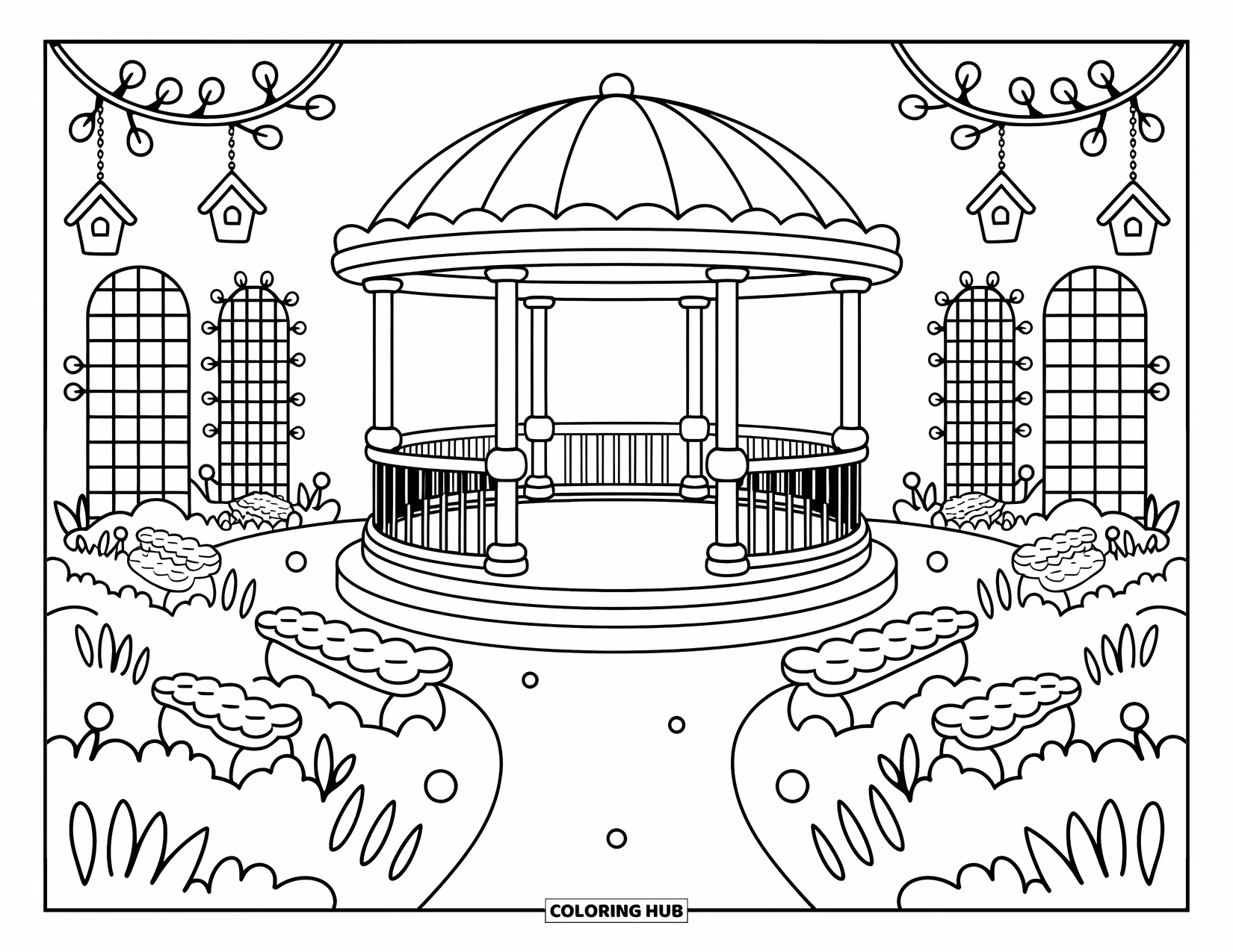 Winter Wonderland Coloring Page for Adults: A snow-covered gazebo sits peacefully among vines, benches, and playful birdhouses