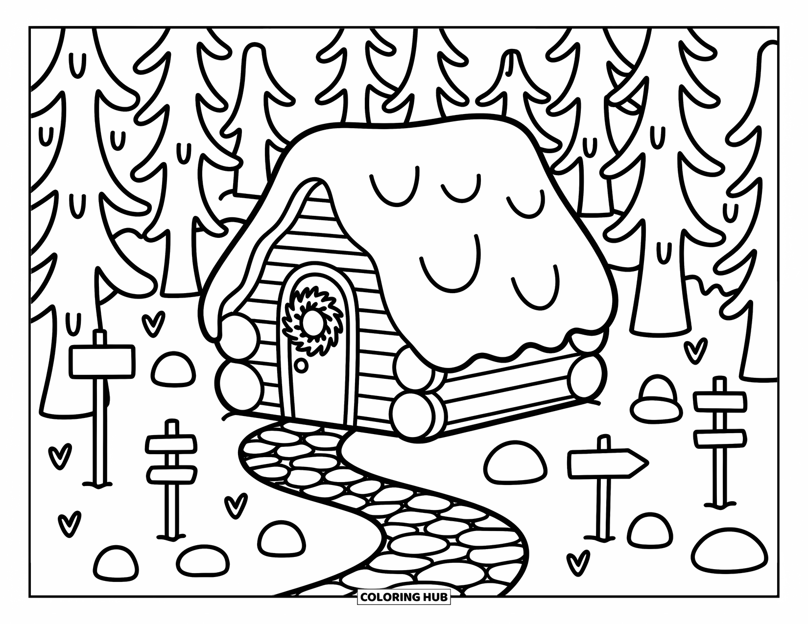 Winter Wonderland Coloring Page for Adults: A snowy forest cabin with a wreath and tiny signs along a winding path