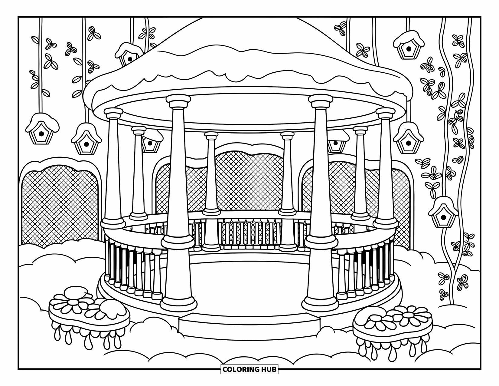 Winter Wonderland Coloring Page for Adults: A snowy gazebo stands in a cozy garden with flower benches and tiny birdhouses