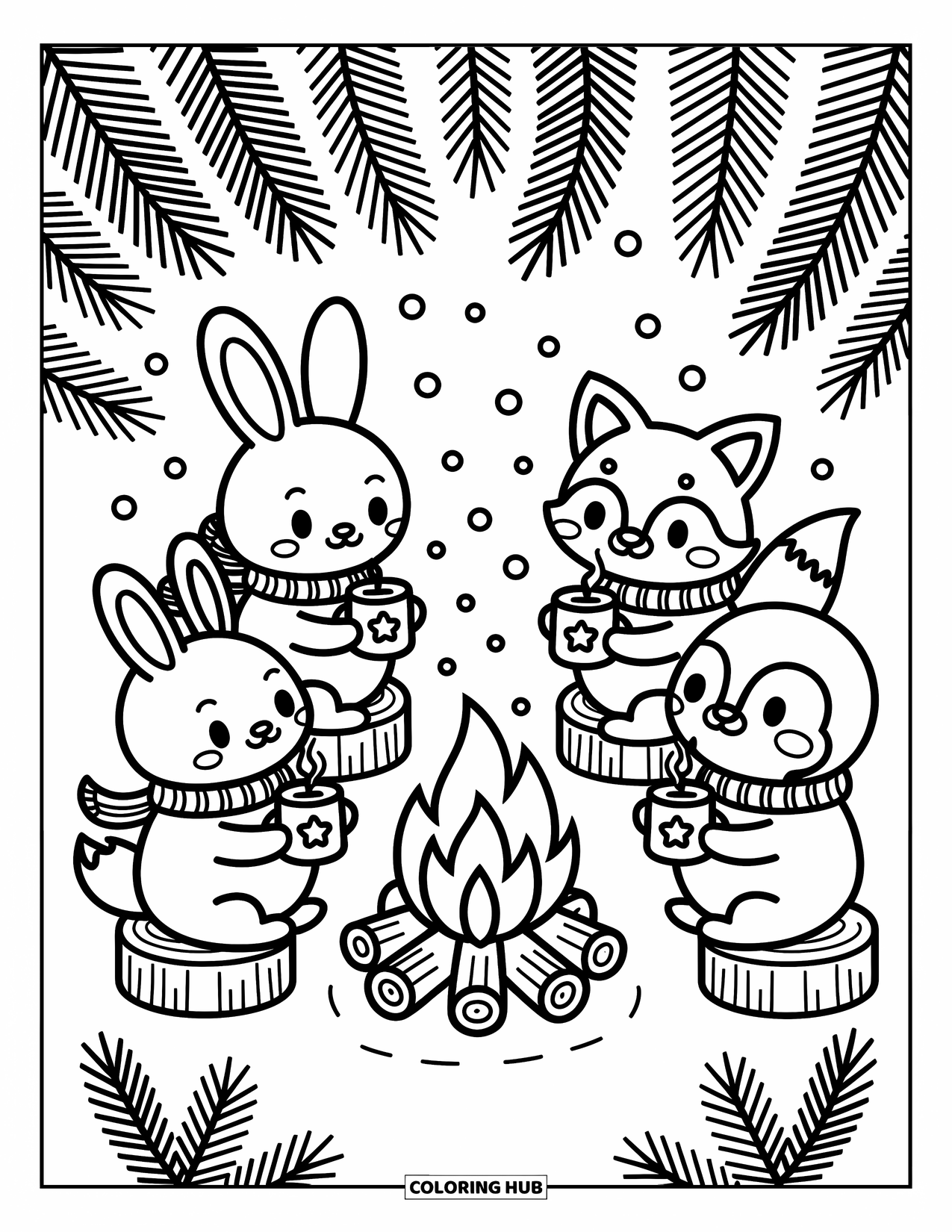 Winter Wonderland Coloring Page for Adults: Bunny, fox, and penguin sip cocoa around a campfire in the winter woods
