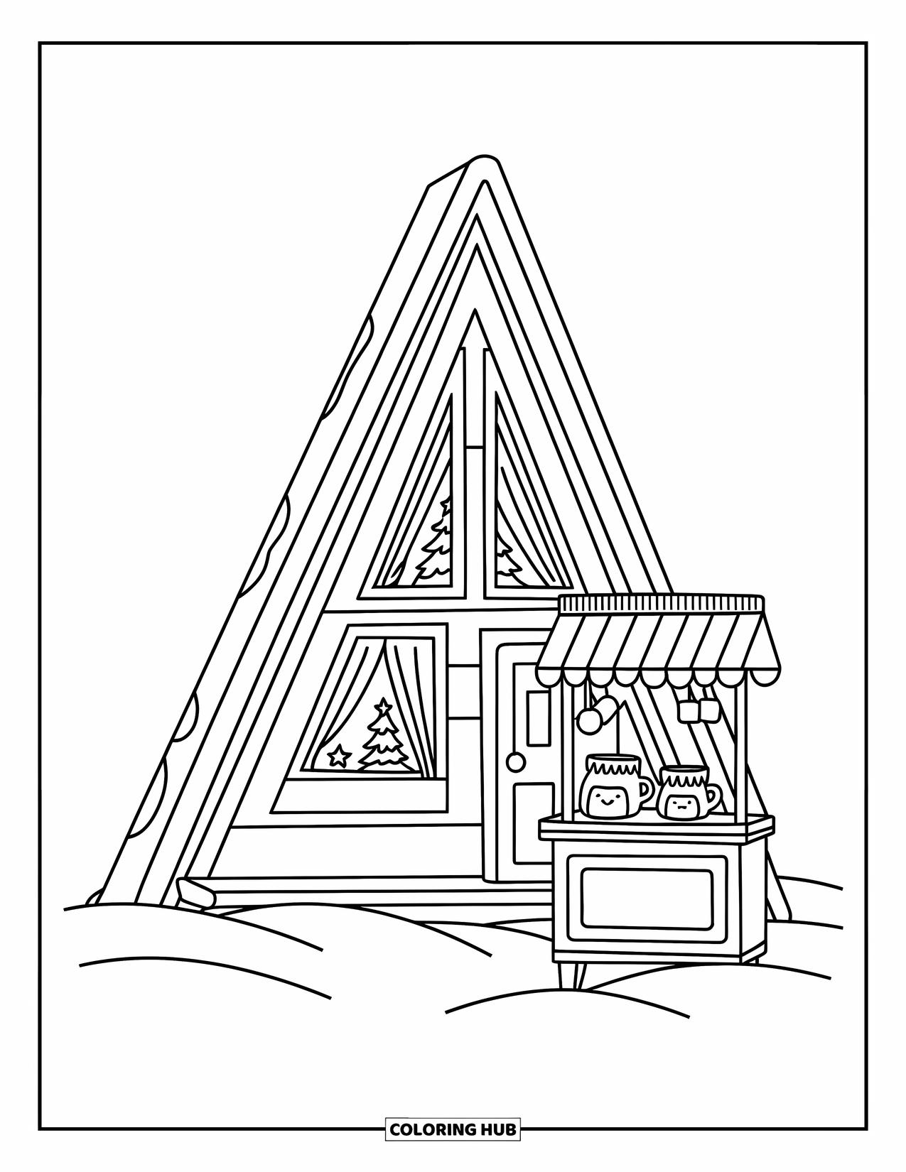 Winter Wonderland Coloring Page for Adults: Cabin with a tree inside and a cocoa stand sits under falling snowflakes