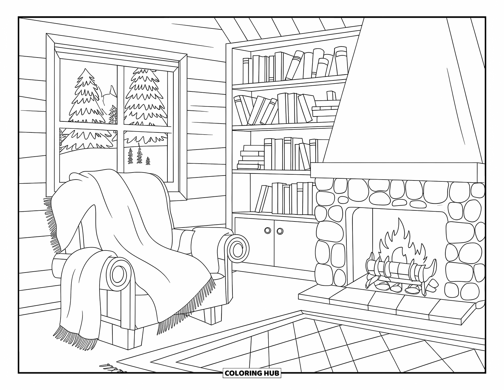 Winter Wonderland Coloring Page for Adults: Cozy cabin room with a fireplace, bookshelves, blankets, and a snowy window view