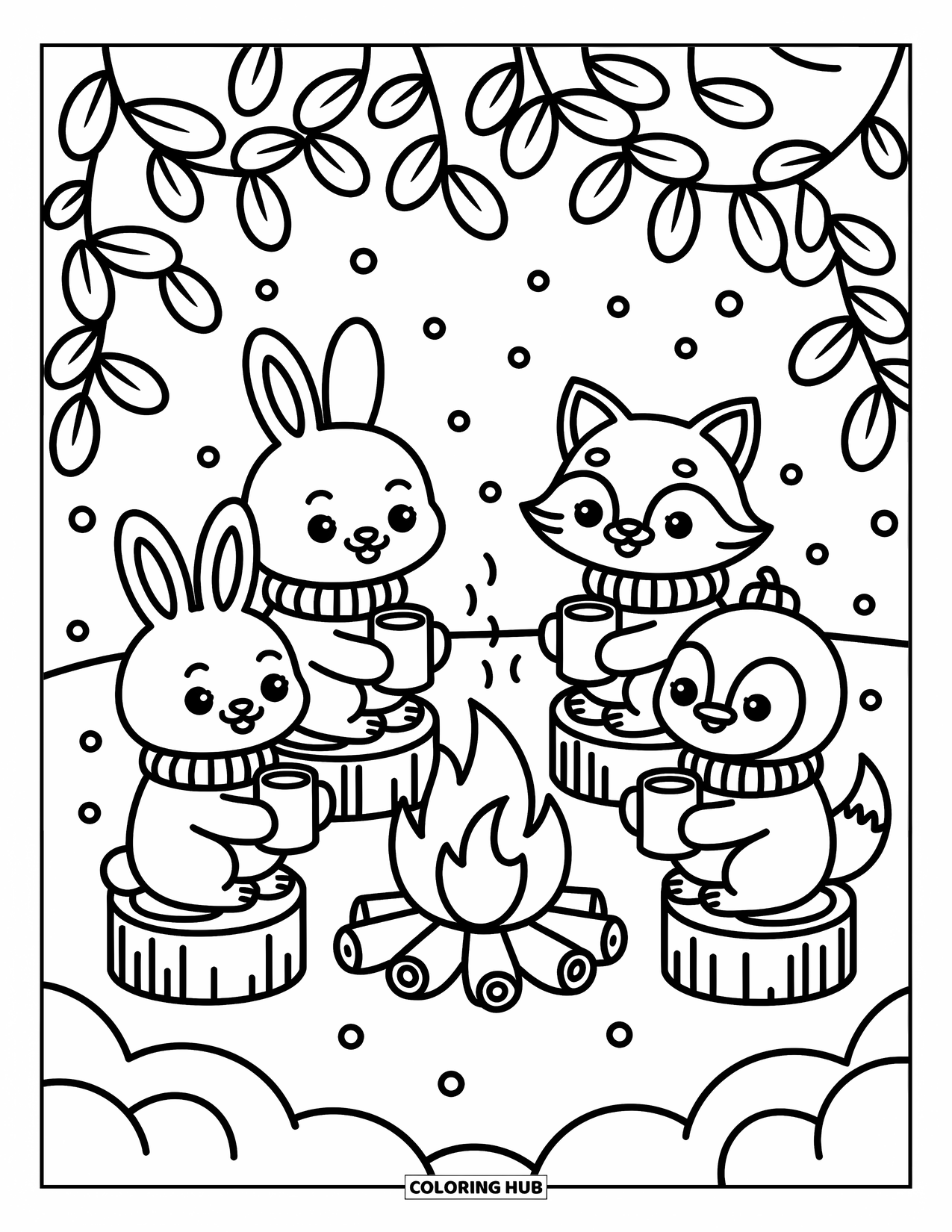 Winter Wonderland Coloring Page for Adults: Forest animals with scarves sit around a warm campfire in a snowy clearing
