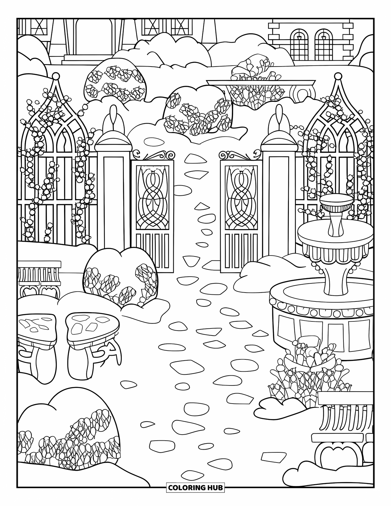 Winter Wonderland Coloring Page for Adults: Frozen garden with trellises, benches, fountain, and a gate near a building